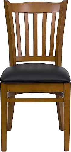 Miniatura 4 de EMMA + OLIVER Vertical Slat Back Cherry Wood Chair, Black Vinyl Seat Asiento de vinilo negro/marco de madera de caoba,Asiento de vinilo negro/marco