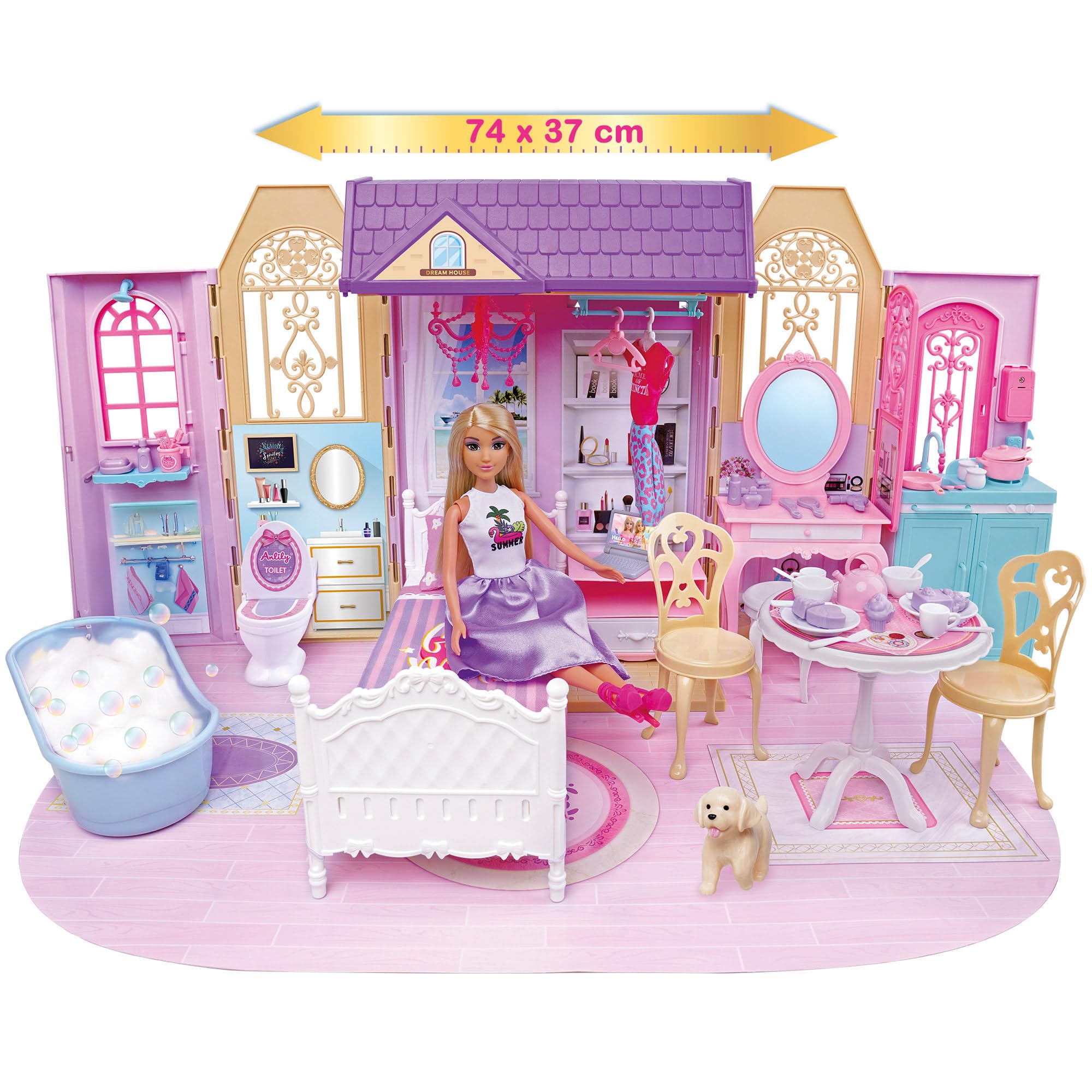 ColorBaby Isabella 39416 Domek dla lalek, 1 piętro, 74 x 37 cm, lalka przegubowa 30 cm, ponad 60 akcesoriów, składana konstrukcja z uchwytem, przenośny dom, zabawki dla dziewczynek w wieku 3 lat