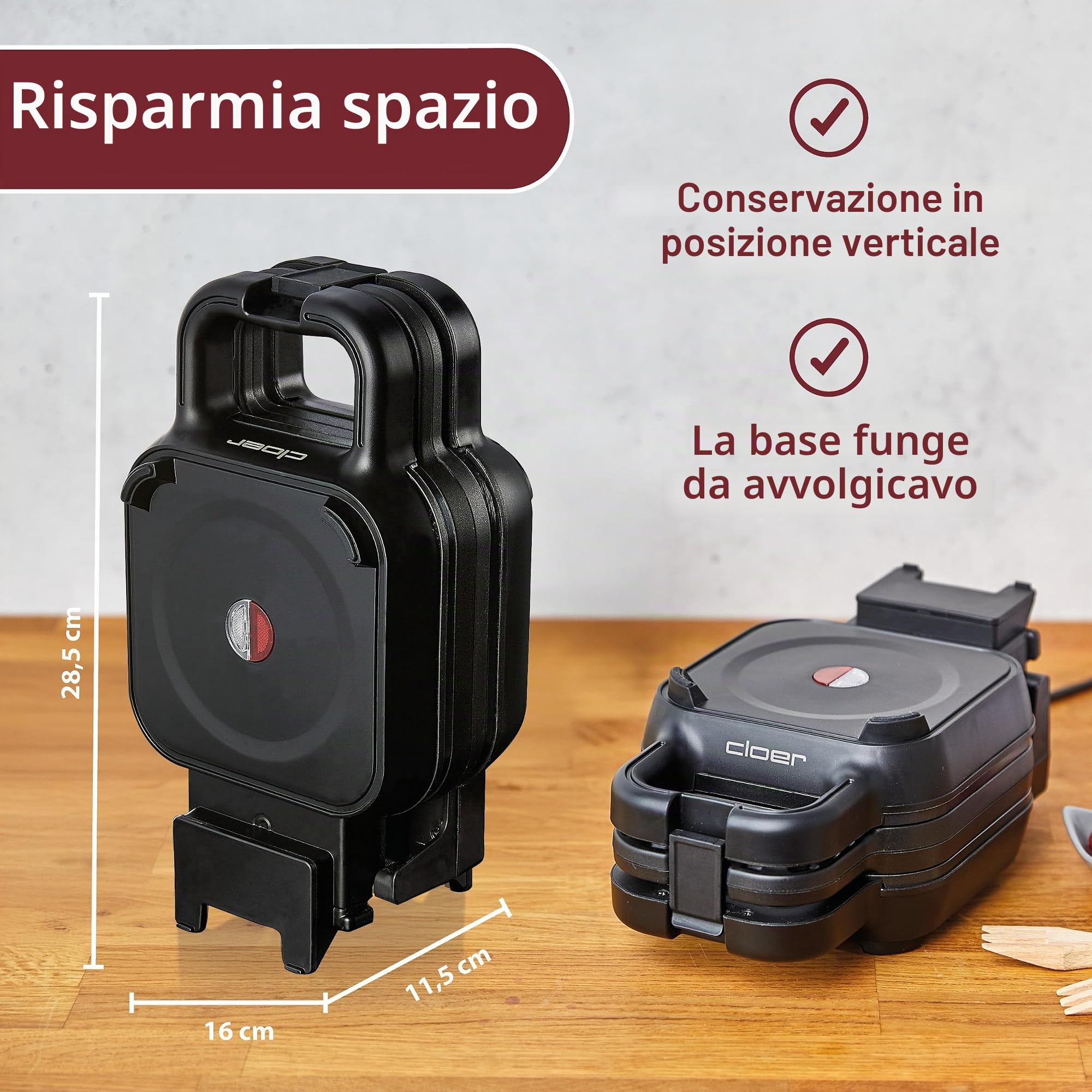 Cloer 6150 Waffle Pie Maker, Piastra per waffle per waffle ripieni, Mini waffle 11,5 cm Ø o con anello distanziatore per riempimento XXL, con rivestimento antiaderente, 800 W, nero