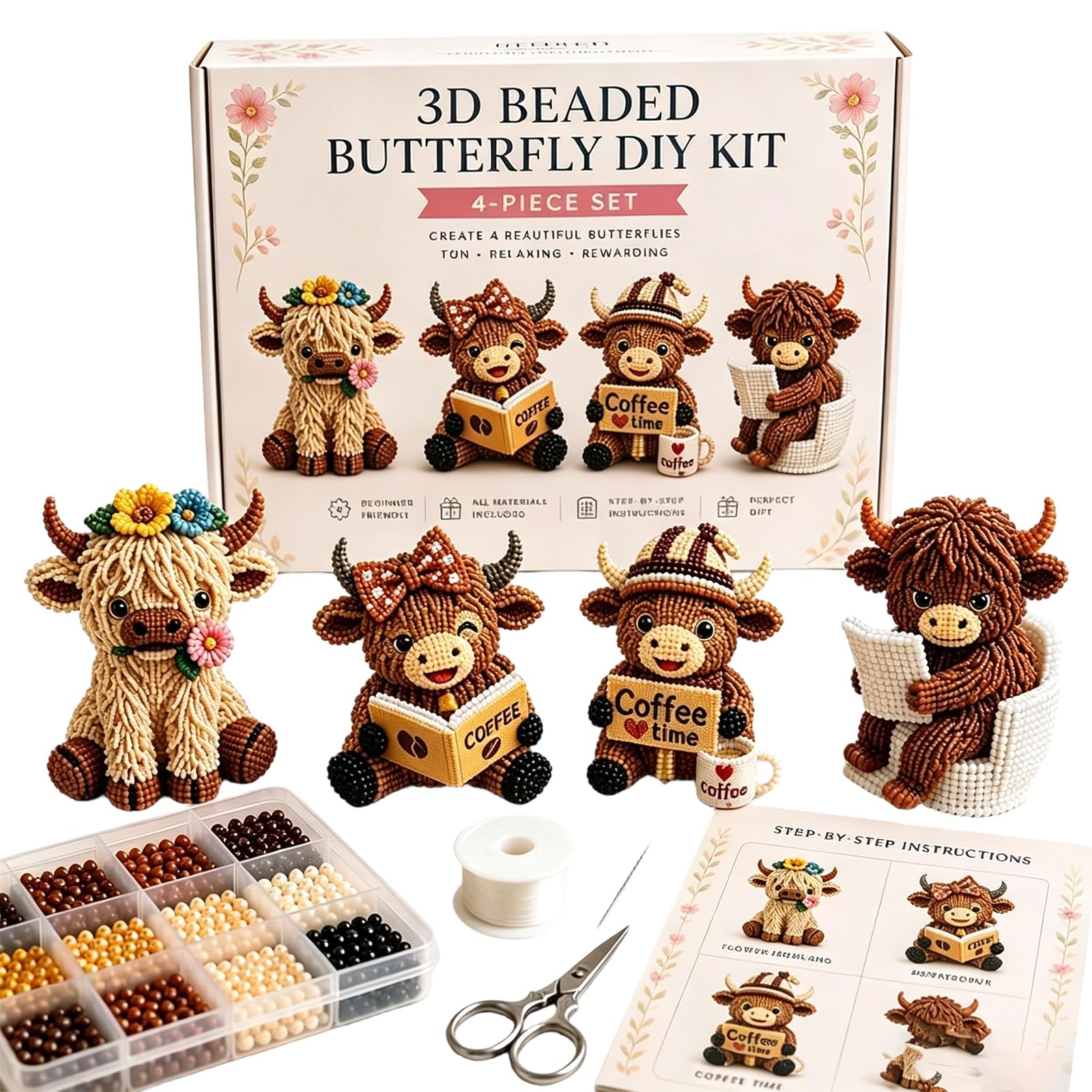 3D Beaded Animal DIY Kit, 3D Highland Cow DIY Bead Kit with 4 Cute Highland Cow Designs, Beginner Friendly Animal Beading Kit Tiny Beaded Animal Craft Kit for Adults & Craft Lovers