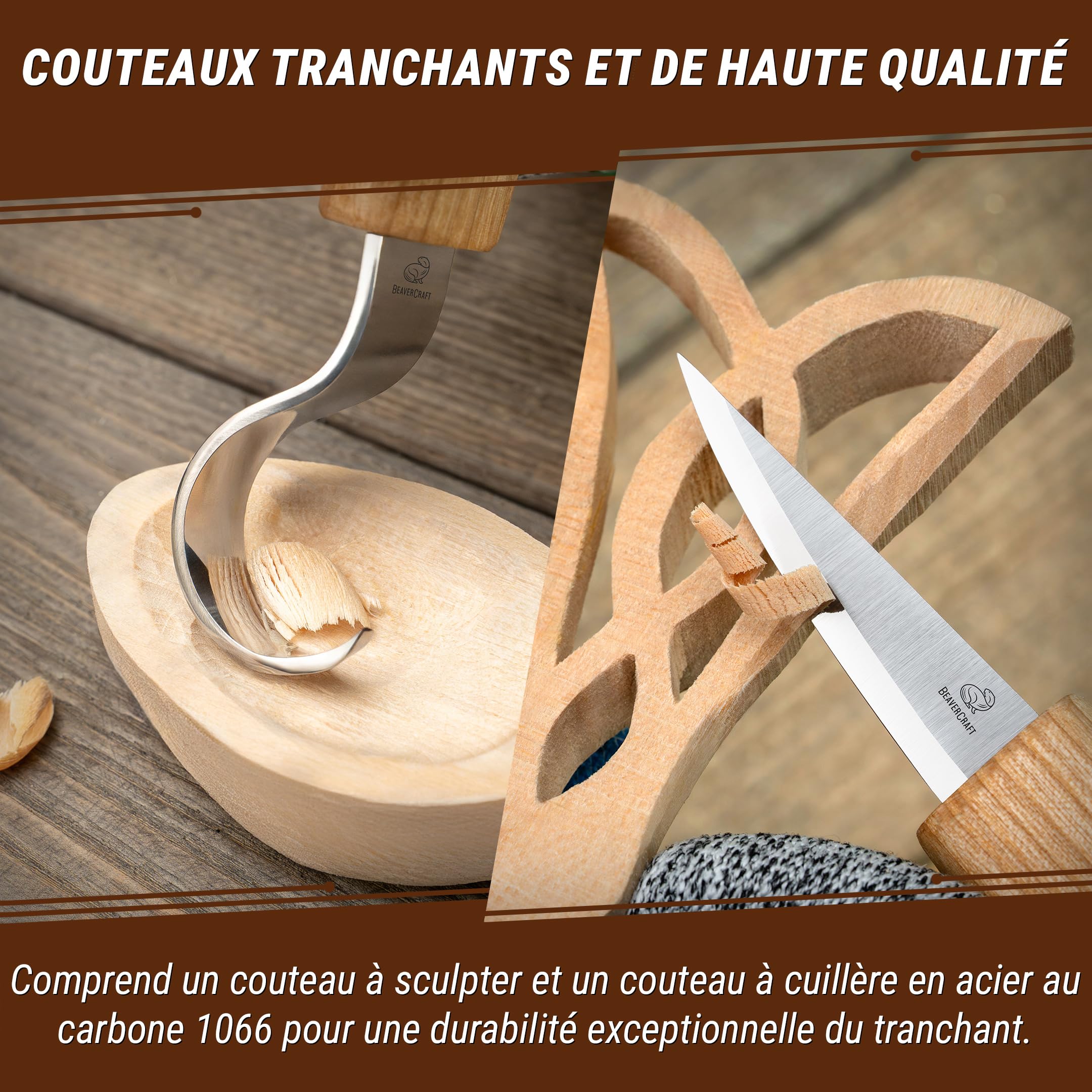 BeaverCraft DIY04 Kit de sculpture de cuillères en bois pour débutants – Ensemble de couteaux Sloyd et crochet, ébauche en tilleul – Kit de sculpture sur bois pour adultes et enfants