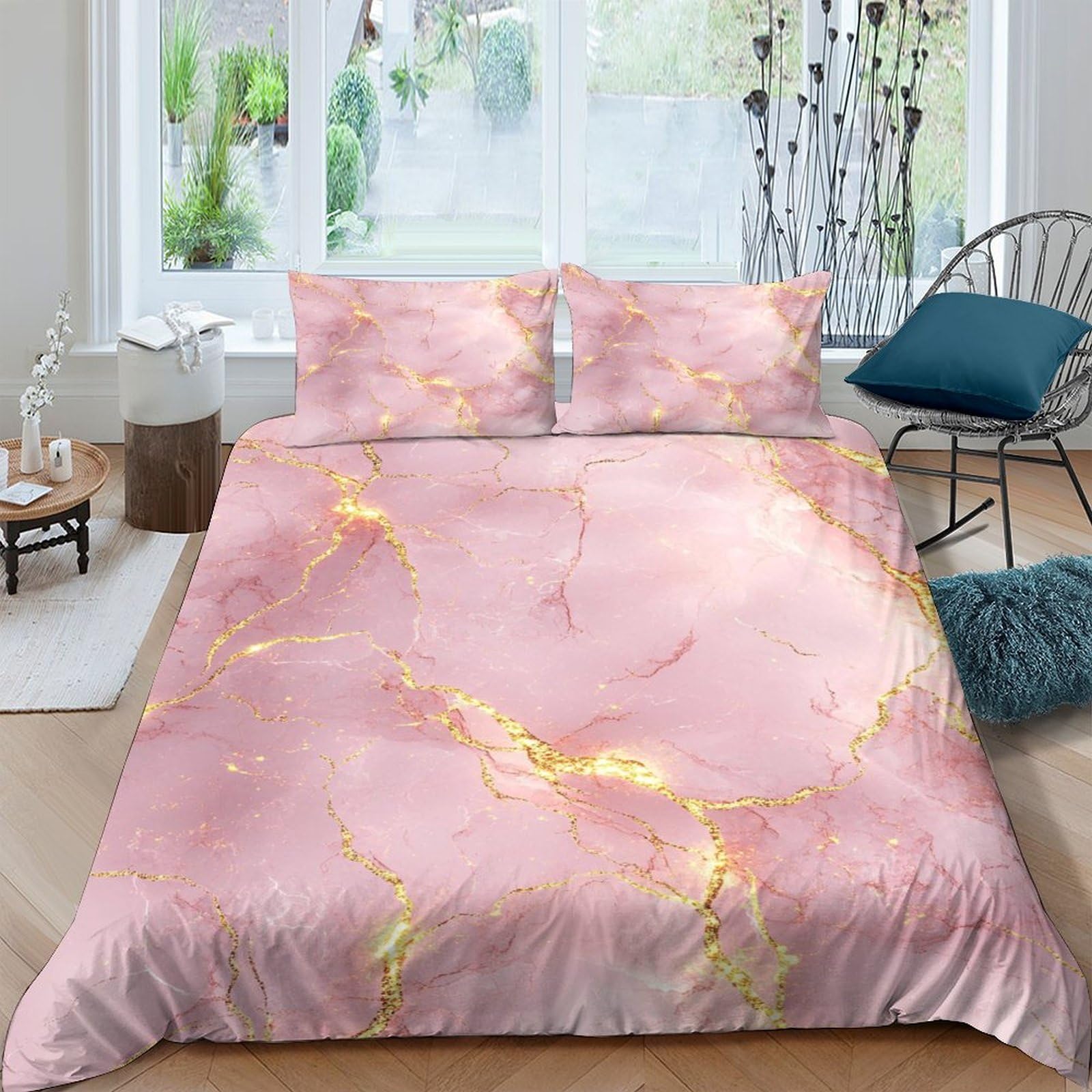 GPLZQXKJNH 3D Printed Pink Marble Duvet Cover Set Microfiber Soft Breathable Gold Vein Bedding with 2 Pillowcases for Bedroom Home Single（135x200cm）