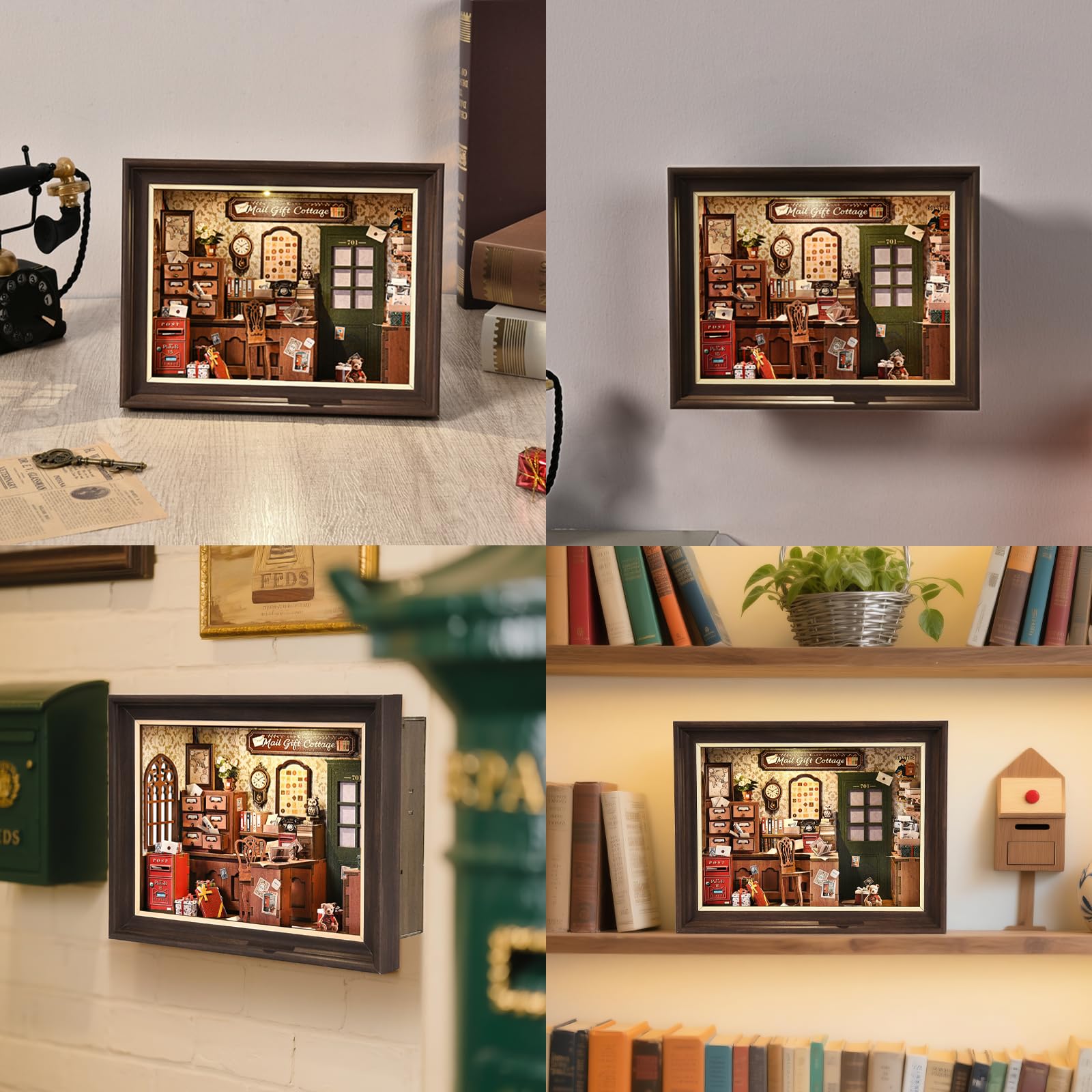 Zestaw Book Nook – drewniane puzzle 3D, z przełącznikiem LED i ramą do montażu na ścianie, miniaturowy dom dla początkujących, regał na książki, dekoracja stołu, dekoracja ścienna dla miłośników