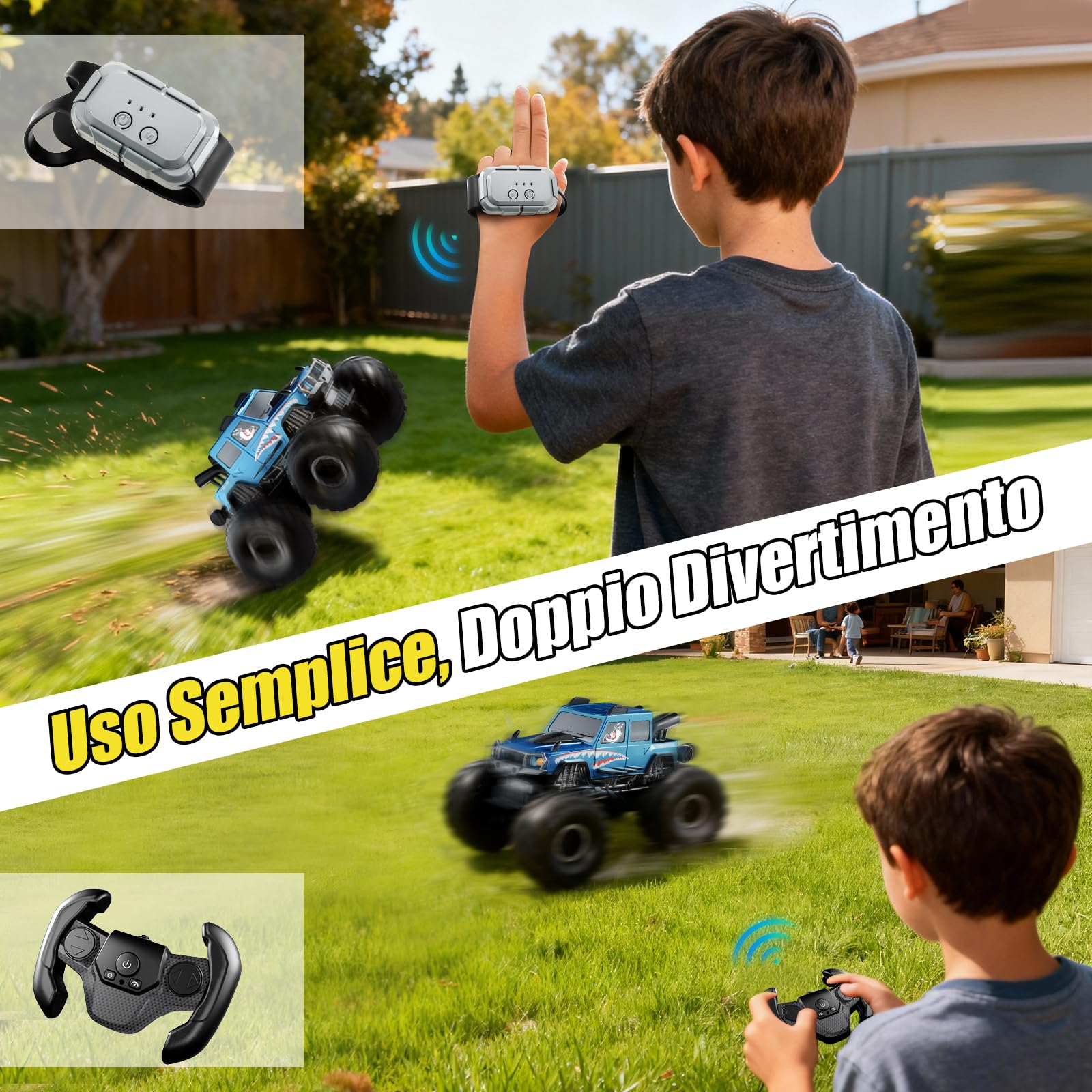 Macchina Telecomandata 4x4 per Bambini 6-12 Anni con Sensore Gesti - Blu | Veicolo Anfibio Telecomandato, Auto Radiocomandata Truck per Sabbia, Prato, Acqua e Terreno, Giocattoli per Ragazzo