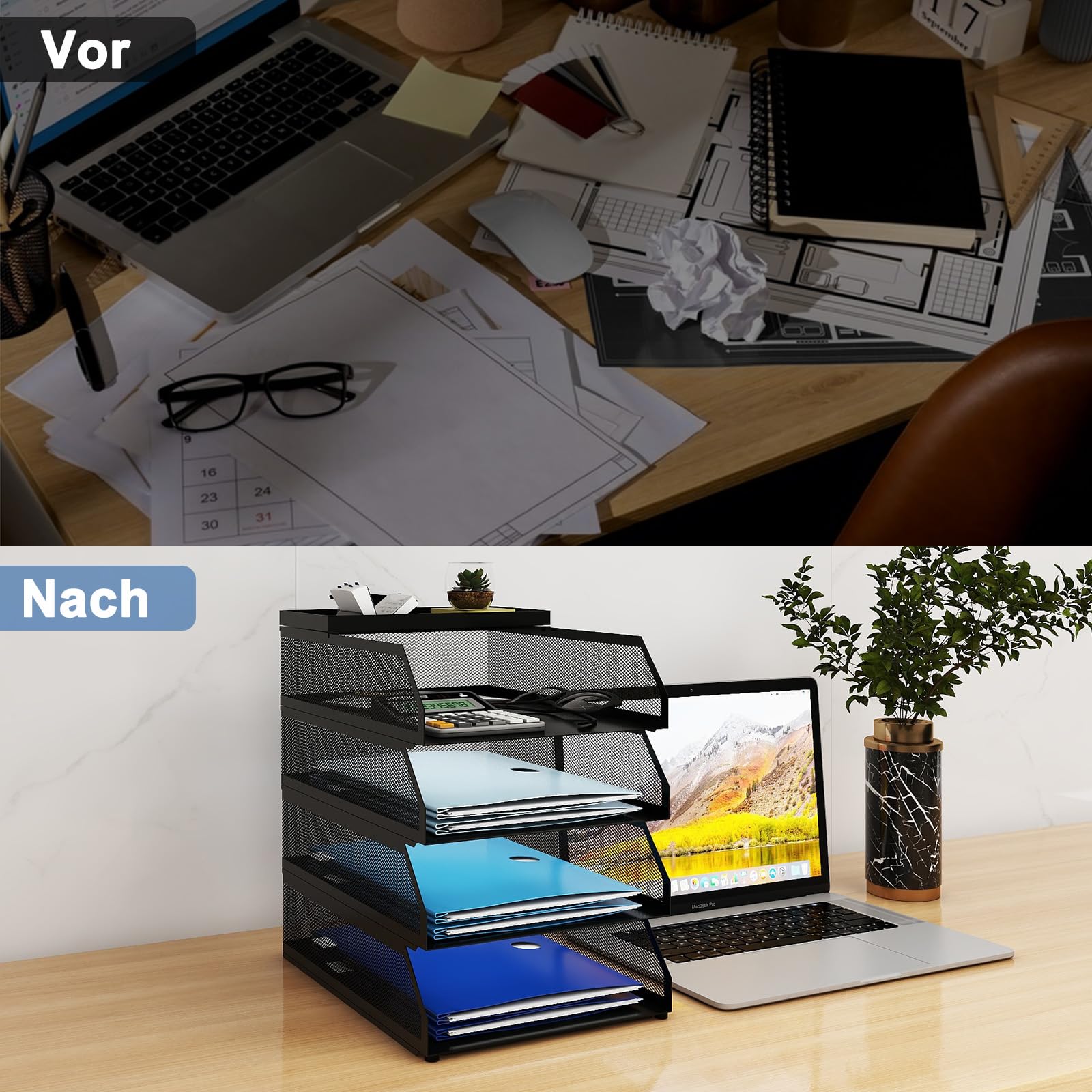 PUNCIA Dokumentenablage A4 Briefablage aus Metall Stapelbar mit Stiftablage | Papierablage 4 Ablagefächer Aktenablage Dokumentenhalter Aktenaufbewahrung Schreibtisch Organizer für Büro Schule Schwarz