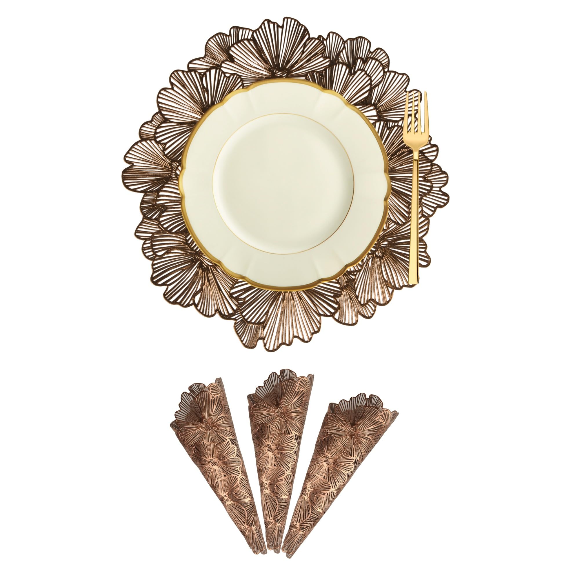 Kuber Industries Set of 4 Table Mats | Round Placemat for Dining Table | Leather Kitchen Placemat | Tableware Décor | Heat-Resistant | Placemats for Cakes & Desserts | Flower | Copper
