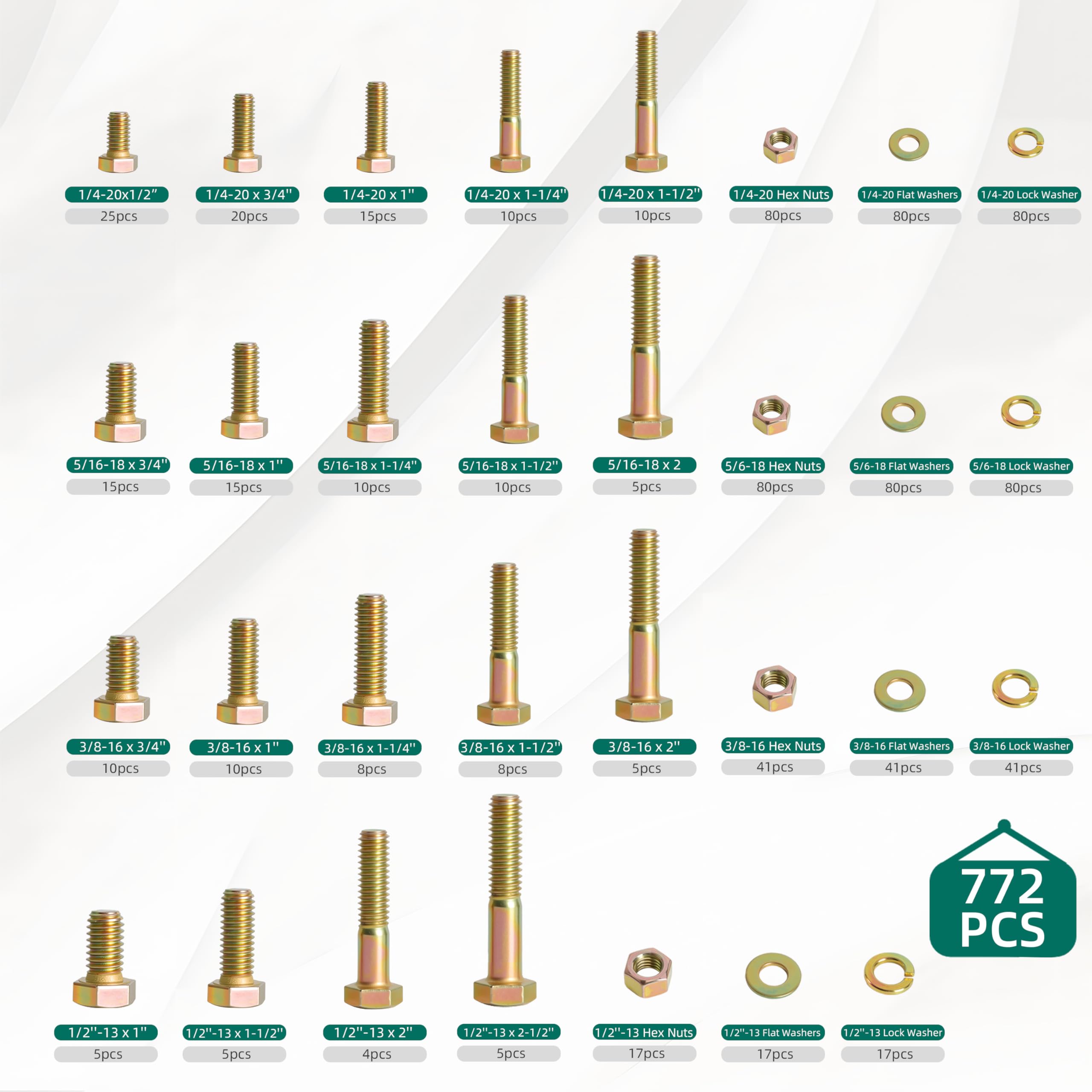 Grade 5 Bolts And Nuts Assortment Kit, Histely 540PCS 1/4-20, 5/16-18, 3/8-16 Heavy Duty Hex SAE Screws Nuts Washers Set, Yellow Zinc Plated, 15 Sizes Hardware Included For DIY Projects