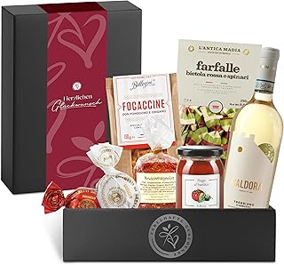 Präsentkorb Italia mit Weißwein und italienischen Spezialitäten | Pasta, Sugo, Focaccine, Gewürzmischung, Amaretti | für Männer & Frauen | mit Banderole " Herzlichen Glückwunsch"