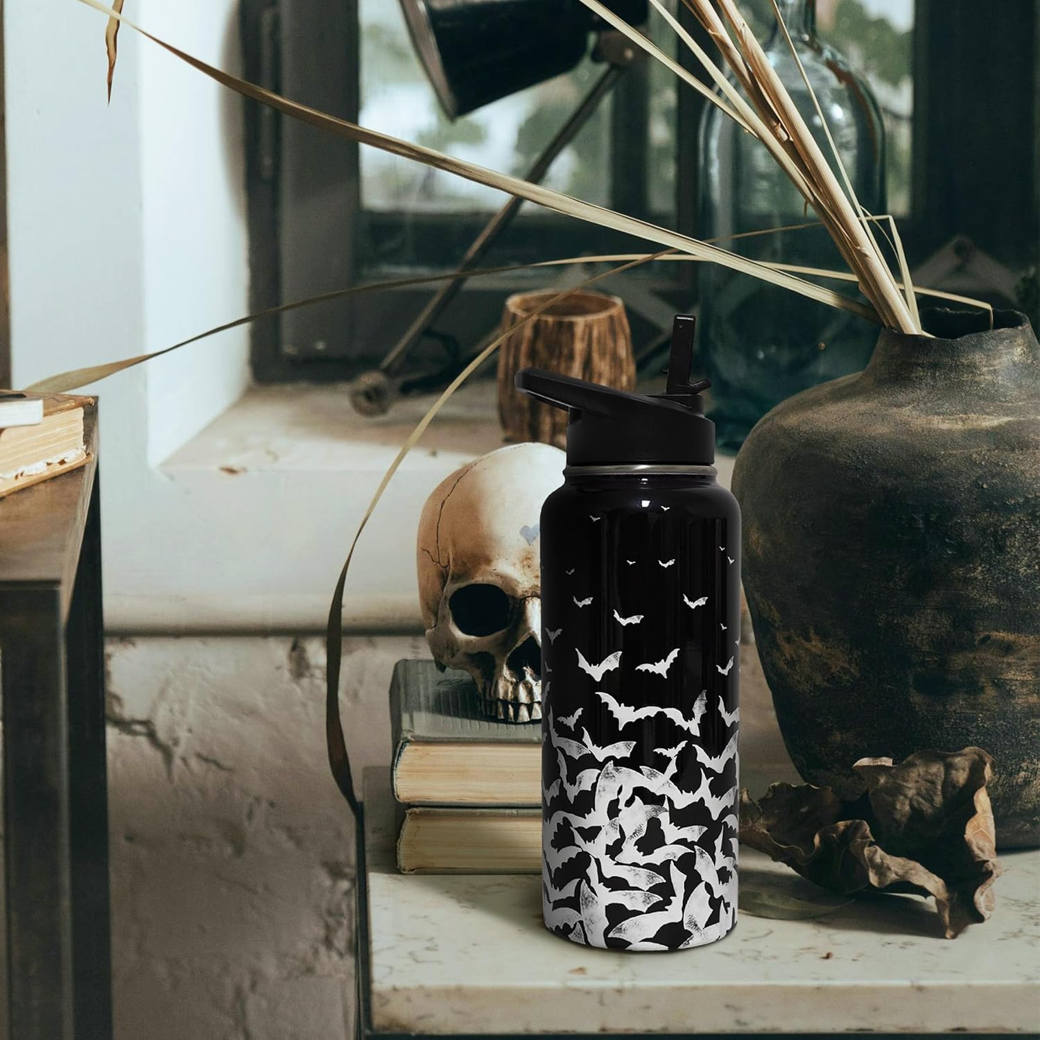 Insulated Halloween Water Bottle 32 oz, Bat Water Bottle with Straw, Reusable Leakproof Water Bottle Stainless Steel, Halloween Gifts for Women