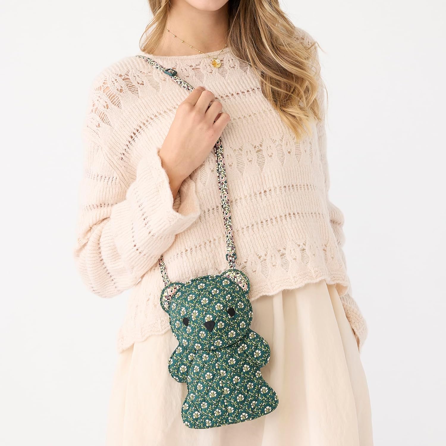 Premium Cotton Classic Bear Crossbody Bag, Mistletoe Lattice, One Size - Image 3