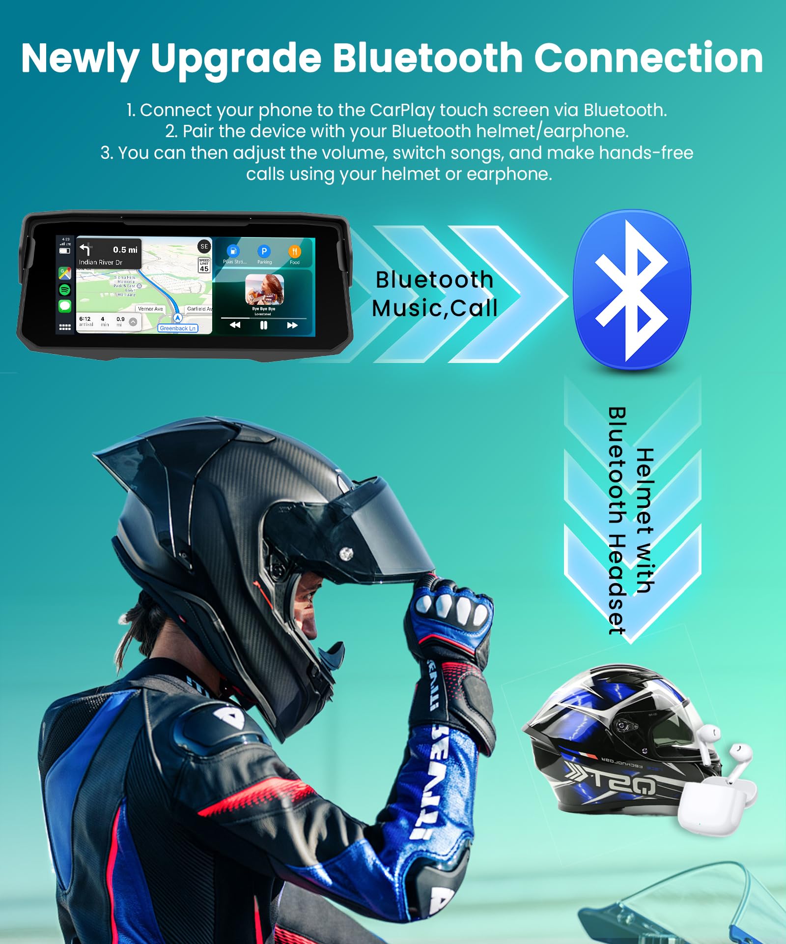 VECHTEL Motorrad Navi Kabelloses CarPlay und Android Auto per Moto, 6.86 Zoll HD Touchscreen GPS Navigation für Motorrad mit IP68 Wasserdicht, Bluetooth, EQ, Assistente Siri/GOO-gle, TPMS
