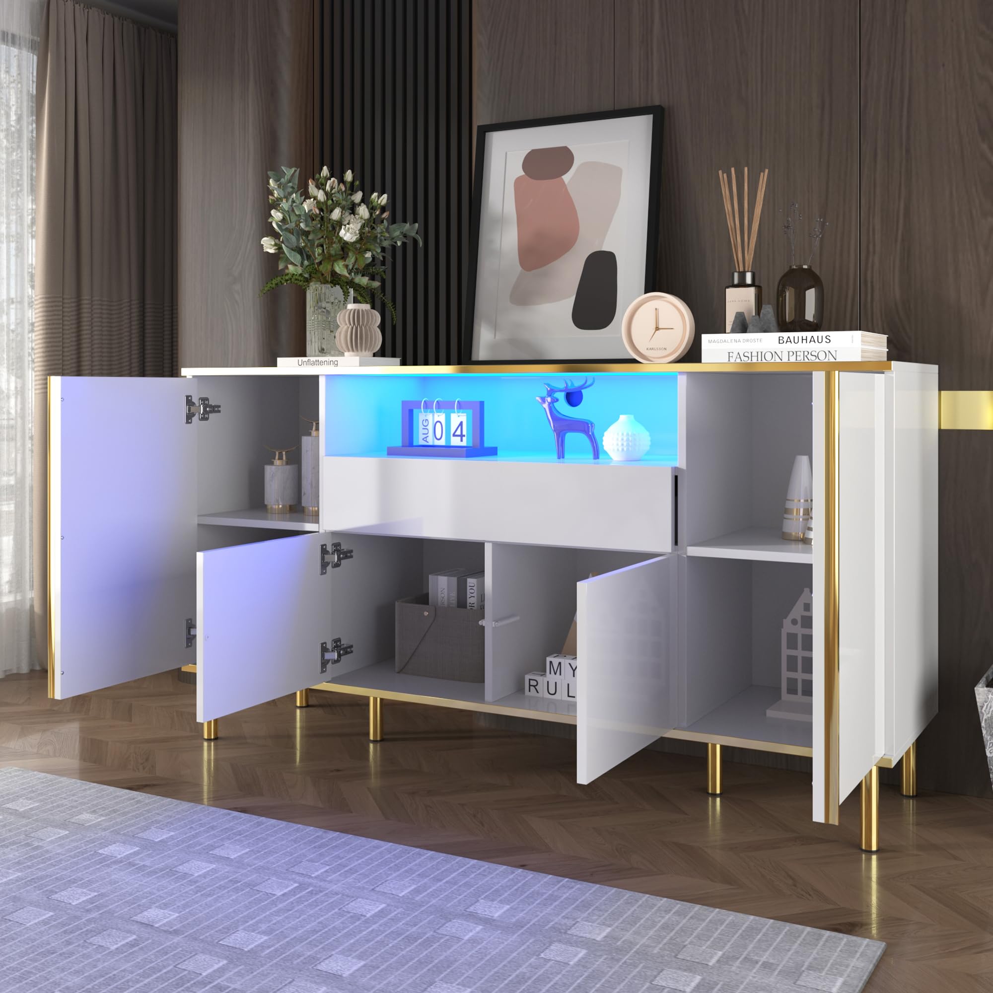 Azkoeesy Credenza 150 cm con LED per soggiorno, Bianco lucido con oro, 4 ante e 1 cassetto, apertura a pressione, mobile TV, cassettiera, per sala da pranzo e cucina