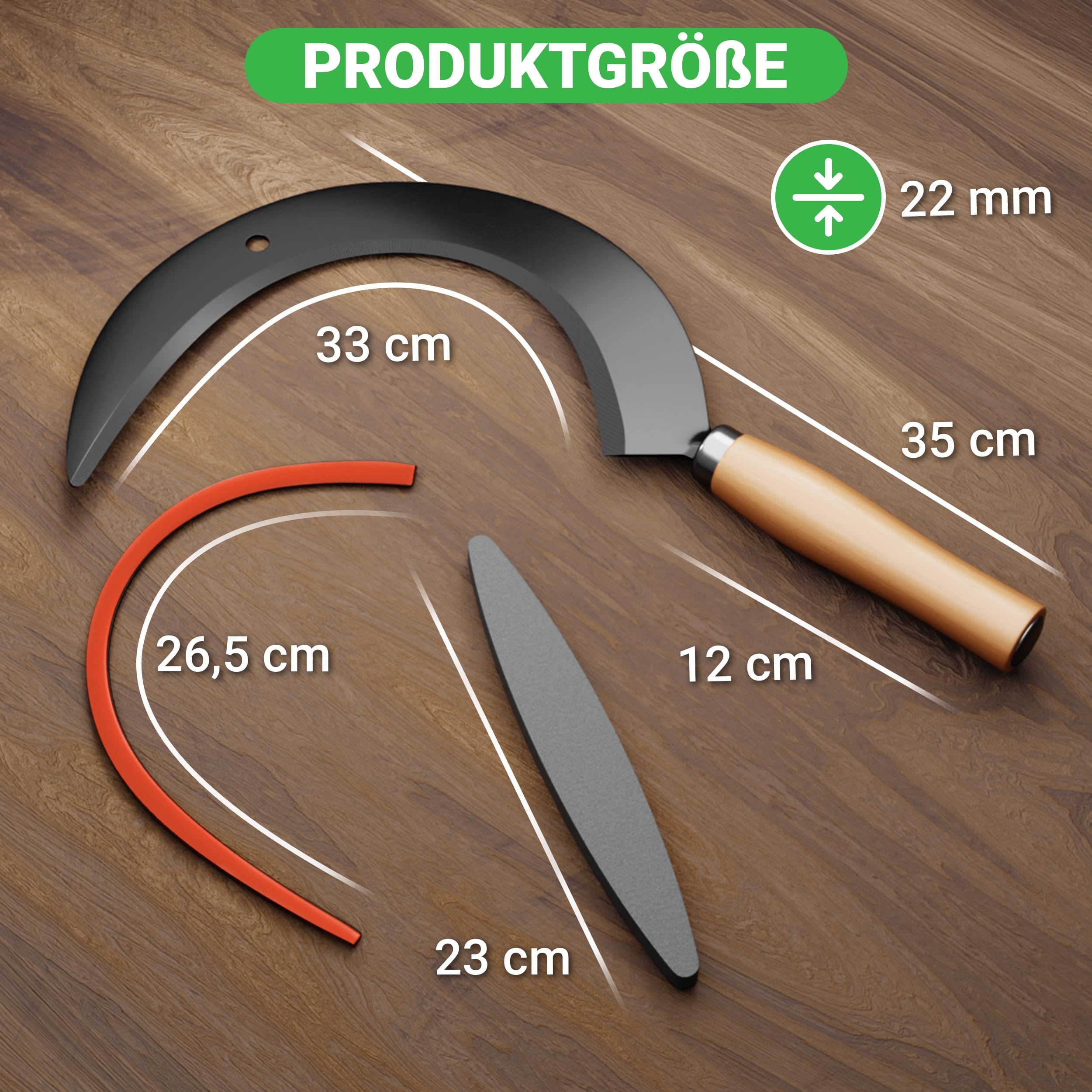 Rundsichel mit Holzgriff - traditionelle scharfe Sichel - nachhaltige Handsense 35x22 cm- inklusive Gratis Schleifstein – robuste Sensensichel für Gras