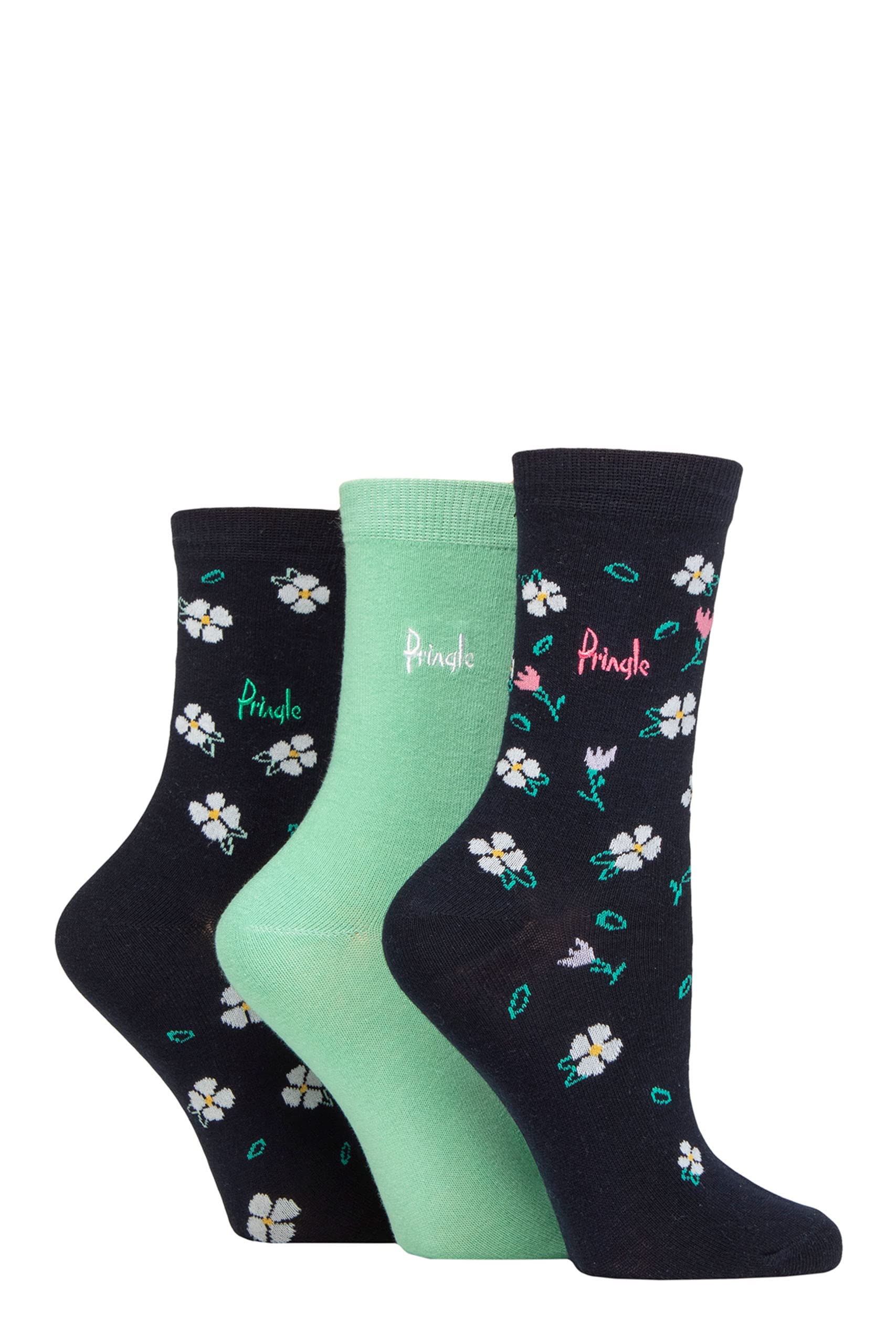 Pringle Ladies Patterned Cotton and Recycled Polyester Socks Pack of 3 Floral Navy 4-8