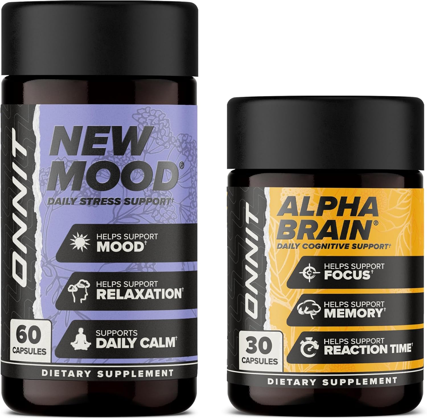 ONNIT Cognitive & Mood Support Bundle: Alpha Brain Nootropic Capsules (30 Count) + New Mood Stress Support Capsules (60 Count), IGEN Non-GMO Tested Focus, Mental Clarity, Relaxation & Sleep, 2 Pack