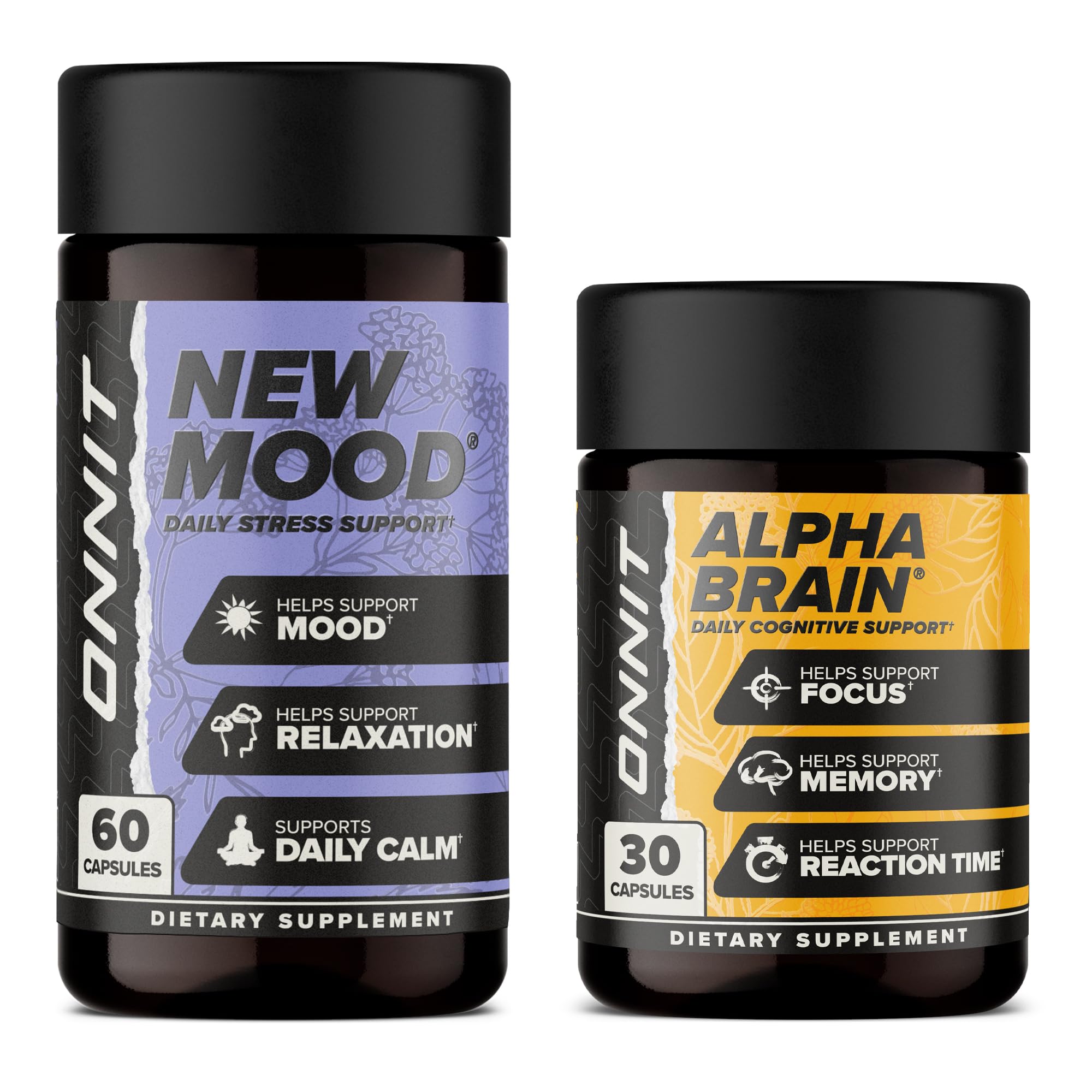 ONNIT Cognitive & Mood Support Bundle: Alpha Brain Nootropic Capsules (30 Count) + New Mood Stress Support Capsules (60 Count), IGEN Non-GMO Tested Focus, Mental Clarity, Relaxation & Sleep, 2 Pack