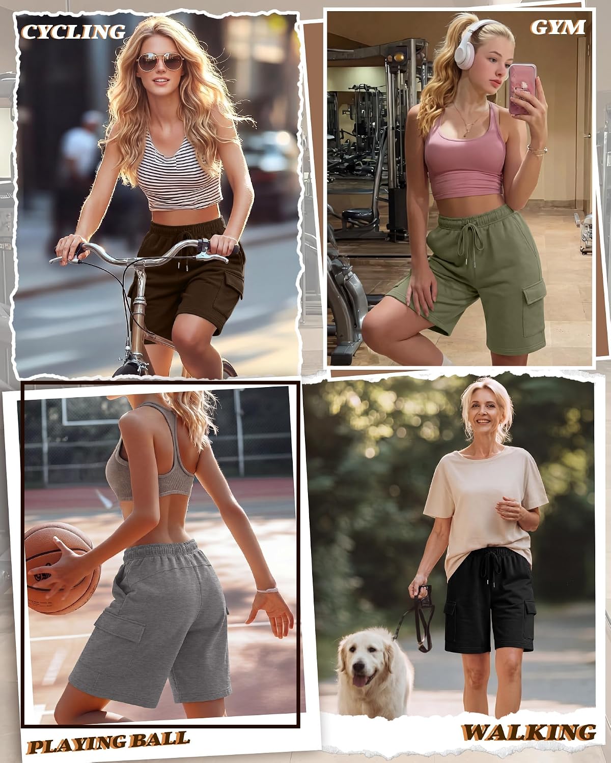 Huukeay 4 Pack Women Bermuda Cargo Sweat Shorts | 4 Pockets Athletic Shorts, Elastic Drawstring Waist Bottoms, Knee Length Casual Daily Wear, Summer Soft Breathable Outfits