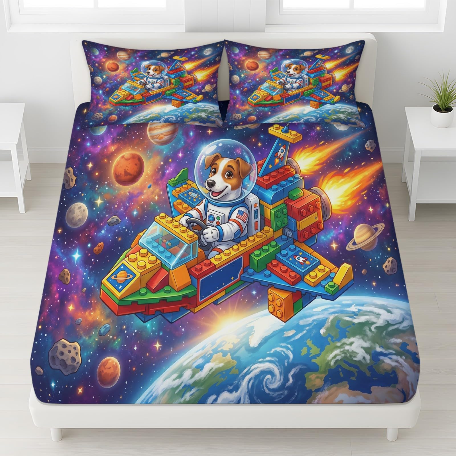 Pojedyncze prześcieradło z gumką z nadrukiem kosmicznym 90 x 190 cm, gęstość splotu 400, kreskówka, astronauta, statek kosmiczny, zestaw pościeli z głęboką kieszenią, prześcieradło i poszewka na