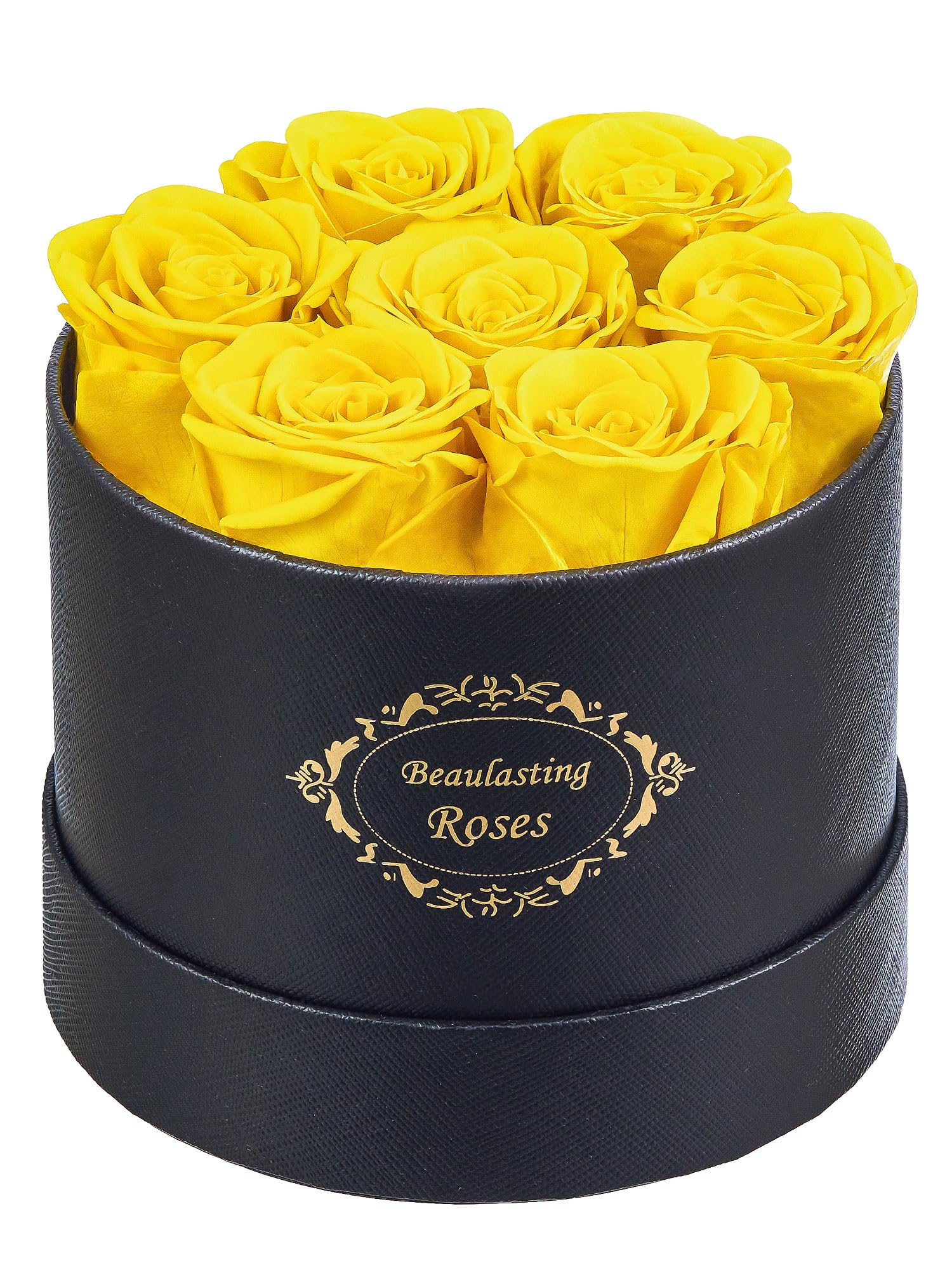 Beaulasting Long Lasting Preserved Roses in a Box Last a Year Forever Flowers for Her Mom Wife Anniversary Birthday (Round Black Box, Yellow)