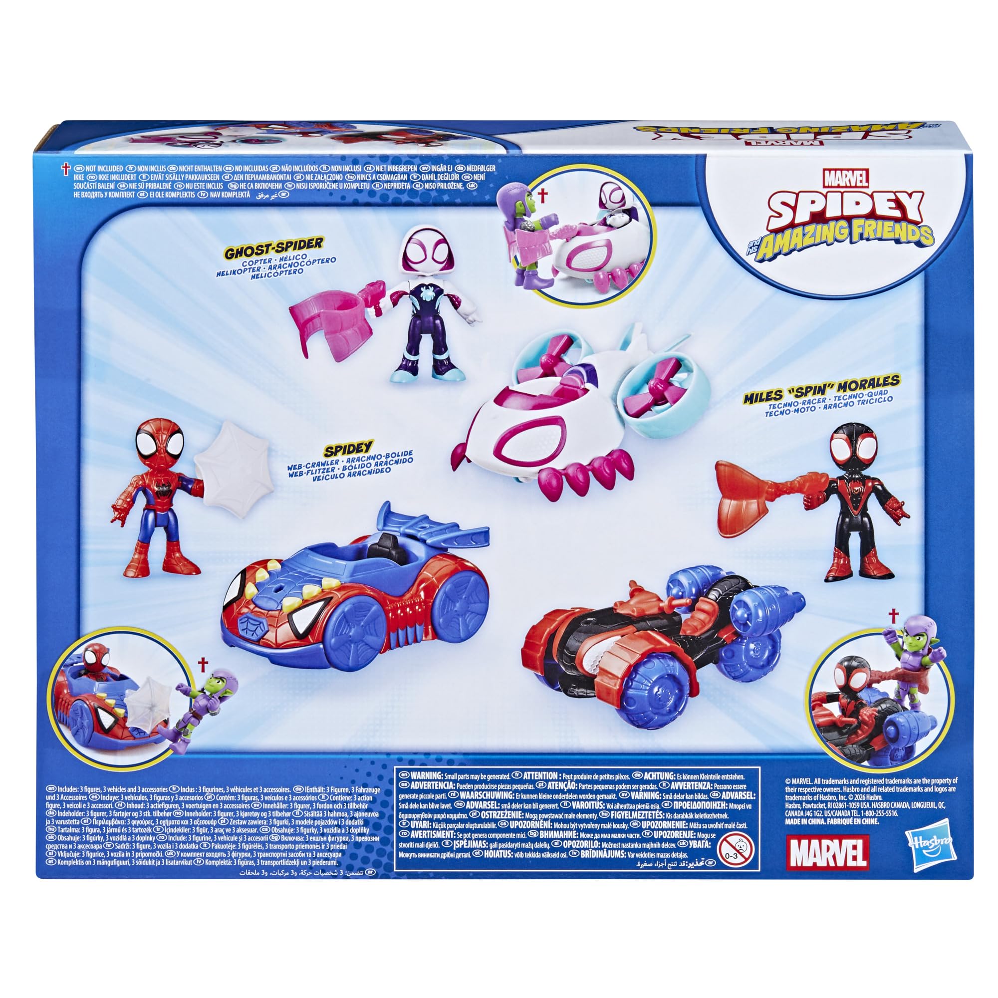 Marvel Spidey and His Amazing Friends, Pack Triple de Figuras y vehículos de Juguete, 3 Figuras articuladas de 7,6 cm, 3 vehículos, 3 Accesorios, Juguetes de superhéroes, A Partir de 3 años