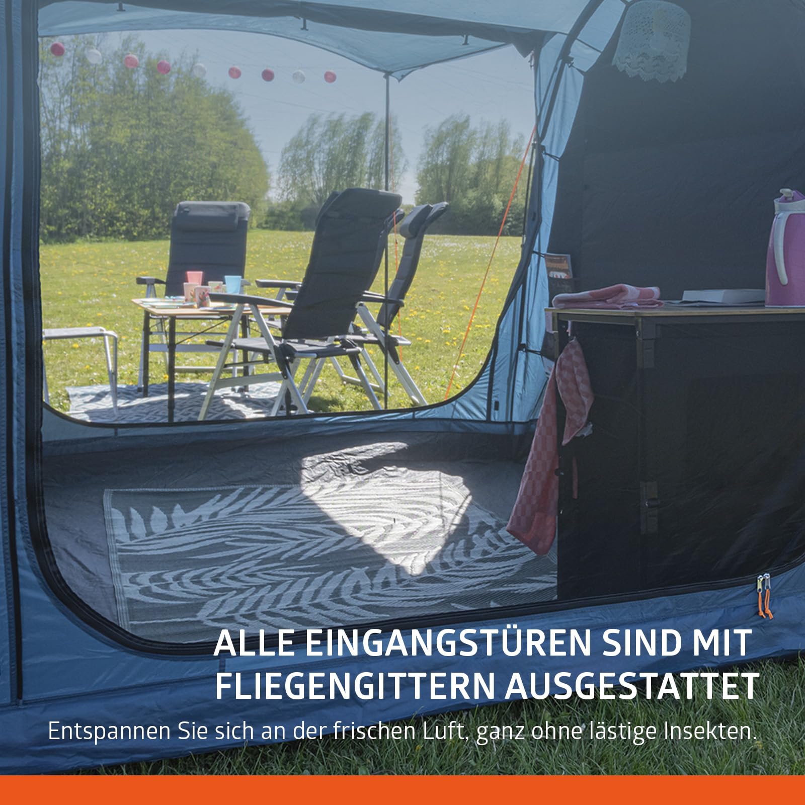 Campout 4-Personen Vis-à-Vis Kuppelzelt – 2 Schlafkabinen – 5000 mm Wassersäule – Wohnbereich – Aufbauzeit 15 Min – inkl. Vordachstangen, Heringen & Tragetasche