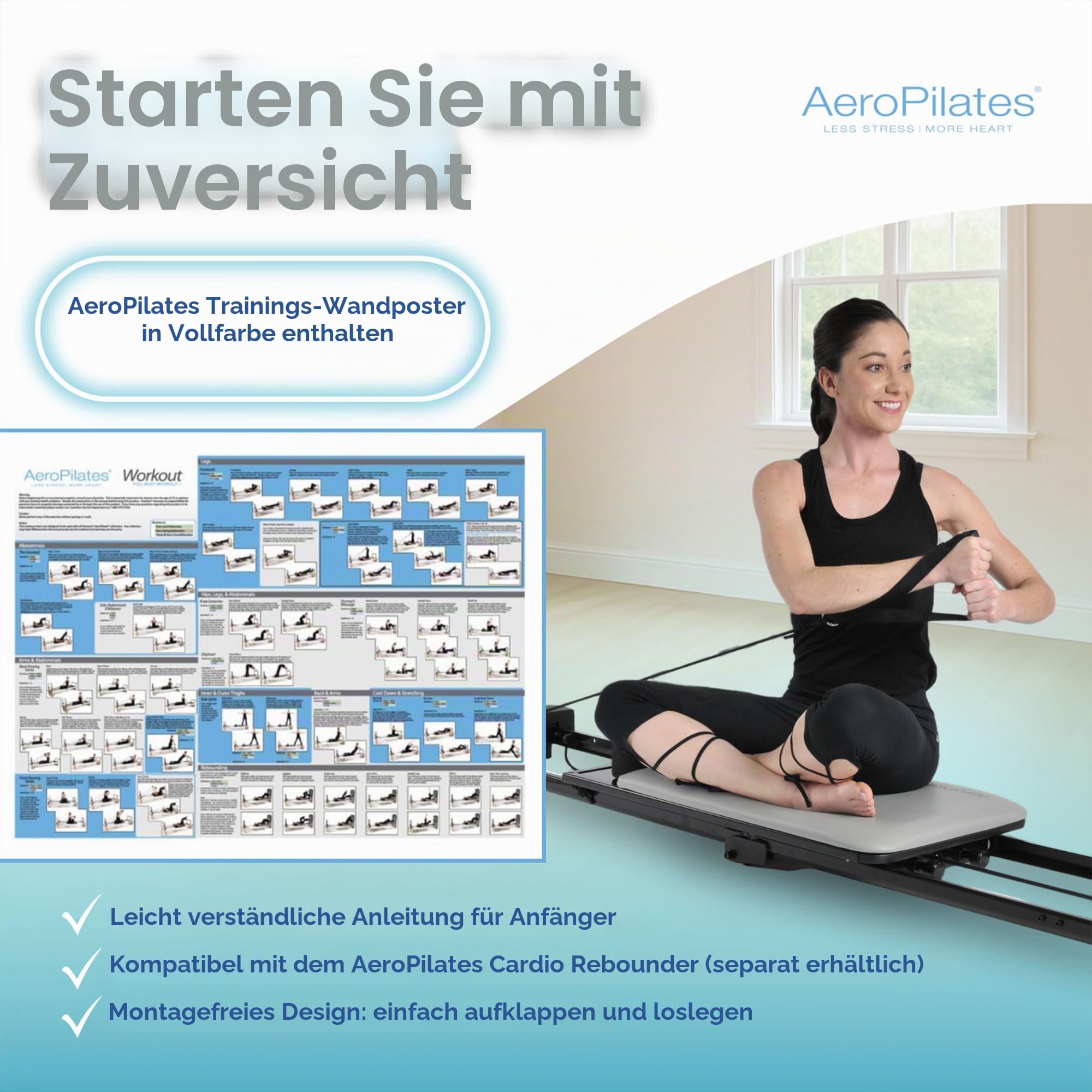 AeroPilates Reformer 287 - Pilates Reformer Workout-Maschine für Heim-Fitnessstudio - Pilates Reformer mit 3 Widerstandsschnüren - Bis zu 136 kg Gewichtskapazität