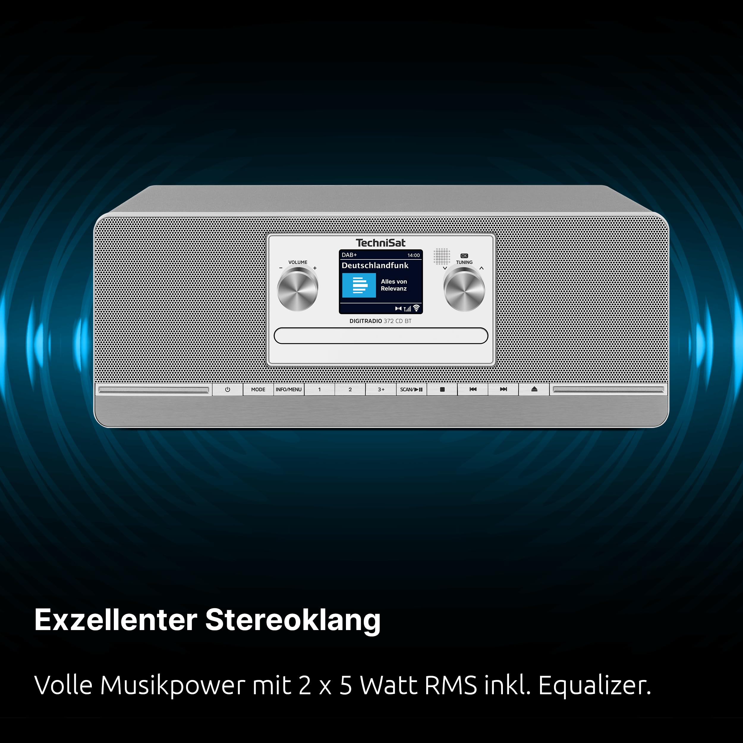 TechniSat DIGITRADIO 372 CD BT - Stereo Digitalradio, Kompaktanlage mit DAB+, UKW, CD-Player, Bluetooth, Farbdisplay, USB, AUX, Kopfhöreranschluss, Wecker, 10 Watt, Fernbedienung - Silber