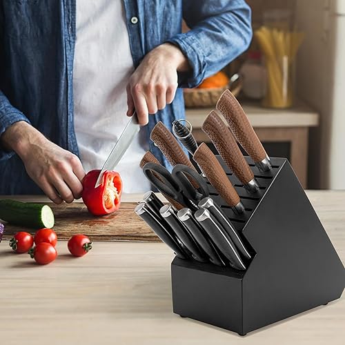 Miniatura 7 de Bloque de cuchillos de 20 ranuras de almacenamiento sin cuchillos, soporte universal de madera de acacia para encimera de cocina, organizador de