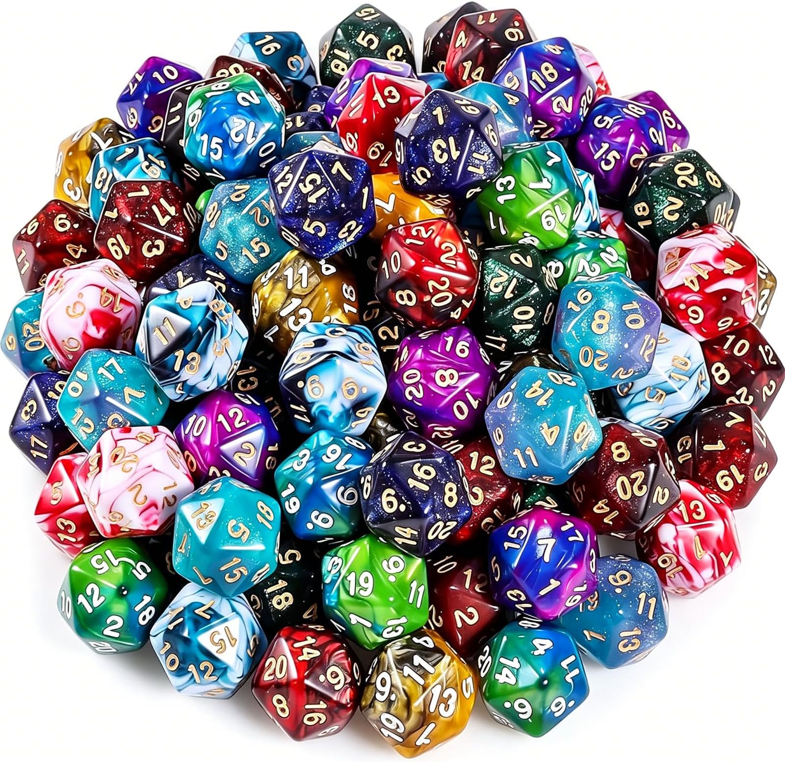 CiaraQ 100 Pieces Dual-Color D20 Dice Set โ 10 Two-Tone Styles (10 of Each) โ Acrylic Polyhedral Dice for D&D with Large Printed Velvet Drawstring Bag โ Standard Size โ Ages 14+