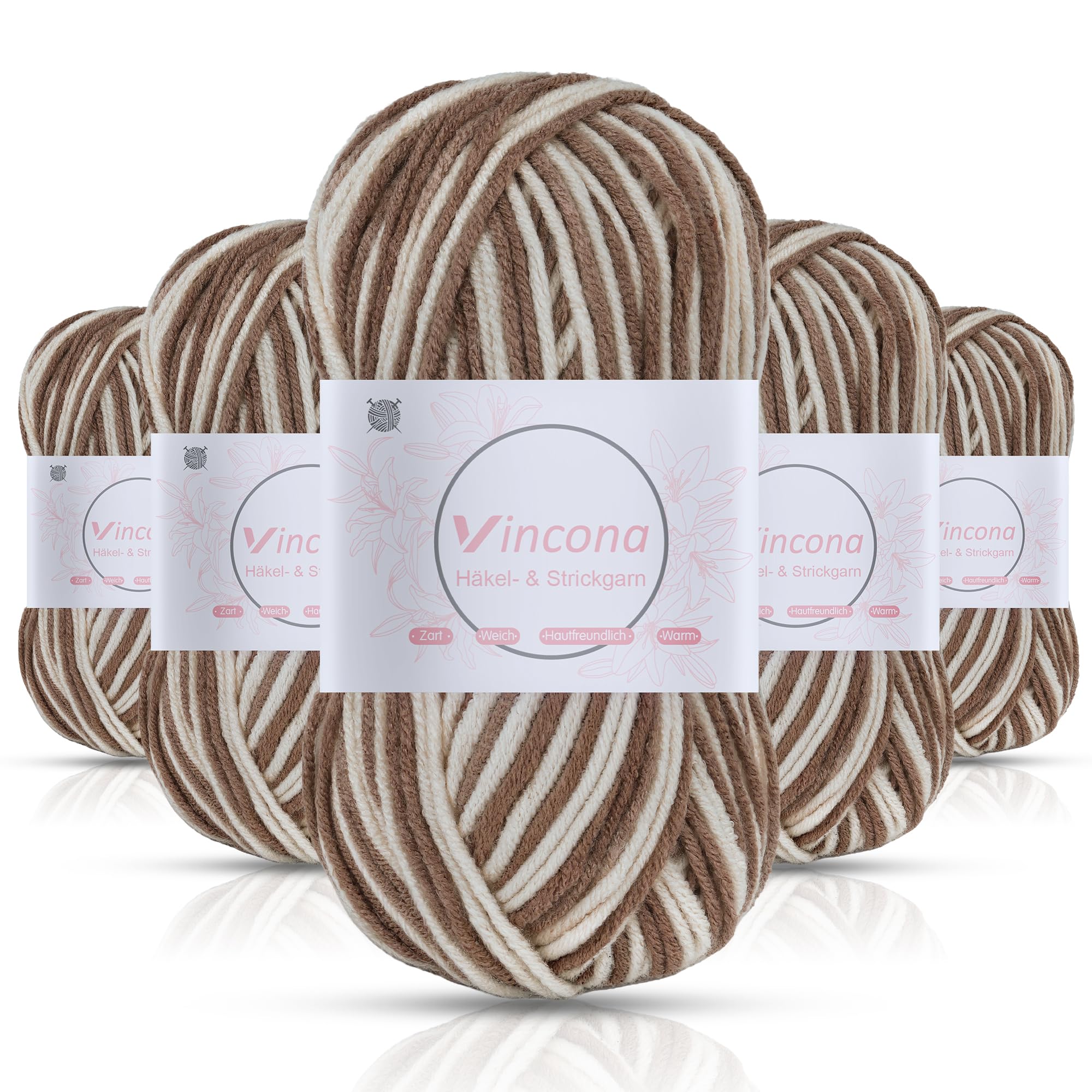 Vincona Häkelgarn，5x50 g Wolle zum Häkeln，Bunt Farbverlauf Acrylgarn zum Häkeln，Wolle zum Häkeln und Stricken, Handstrickgarnsets Geeignet zum Stricken von Puppen, Pullovern, Schals, Mützen