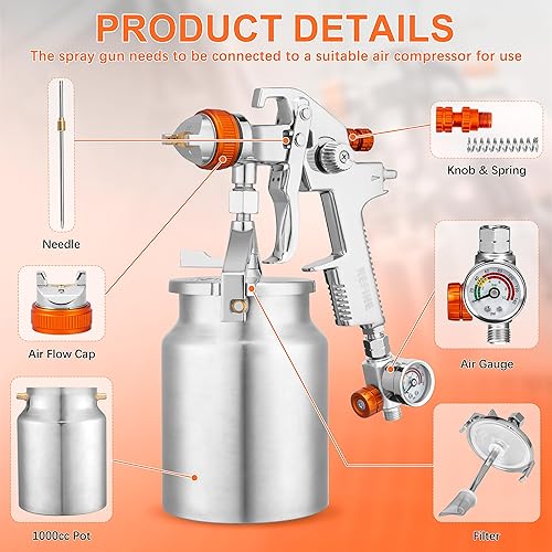 Miniatura 7 de REFINE HVLP - Pistola rociadora de pintura de aire con sifón con juegos de boquillas de 0.069 pulgadas y 0.079 pulgadas, pistola de pintura
