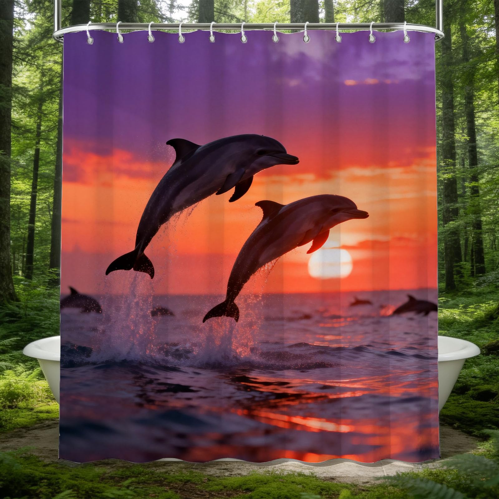 Hongduo 3D Animal Dolphin Shower Curtain for Stalls Bathtubs Sunset Bathroom Decor Shower Curtain Set Polyester Fabric Waterproof 180x180cm/71X71 Inch with Hooks