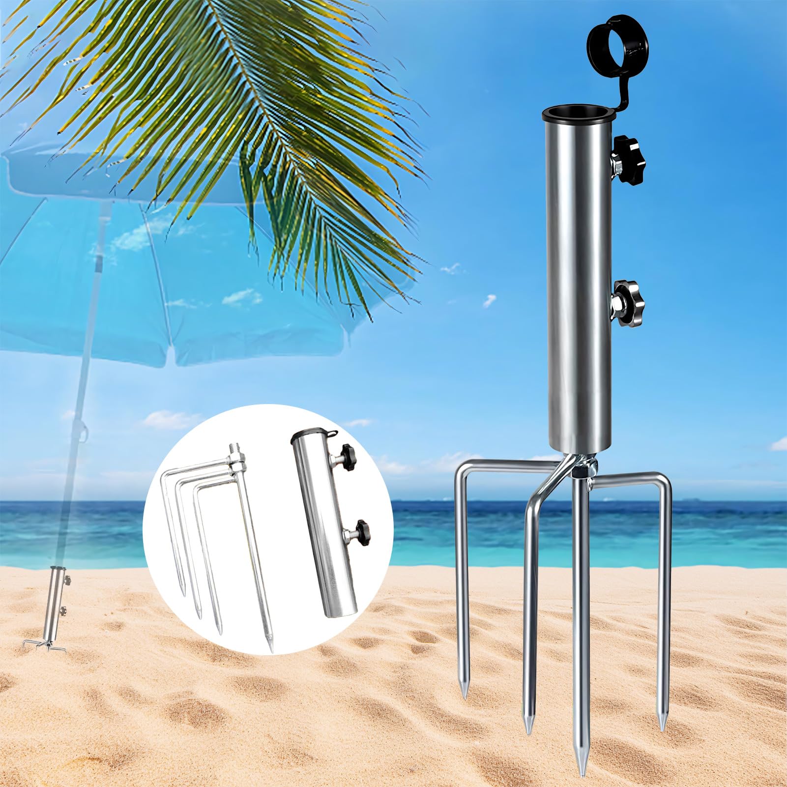 GOZYLA Pied de parasol avec pic de pelouse 4 dents : support de parasol mobile pour l'extérieur en acier