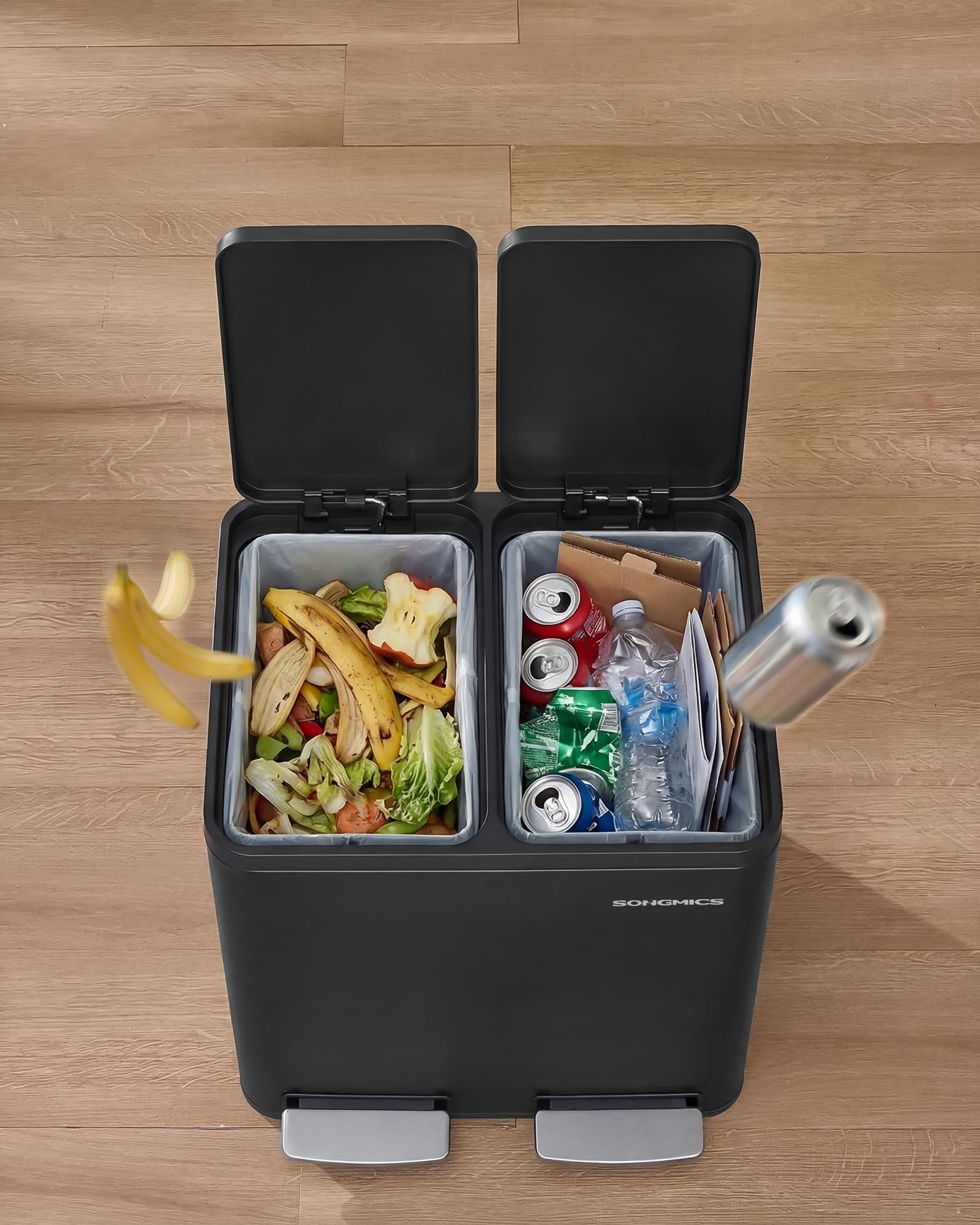 SONGMICS Kosz kuchenny, 2 x 15 l, 2-komorowy kosz do recyklingu z 15 workami na śmieci, wyjmowane wiadra wewnętrzne, pokrywa, uchwyty, miękkie zamknięcie, stal, czarny LTB130BZ02