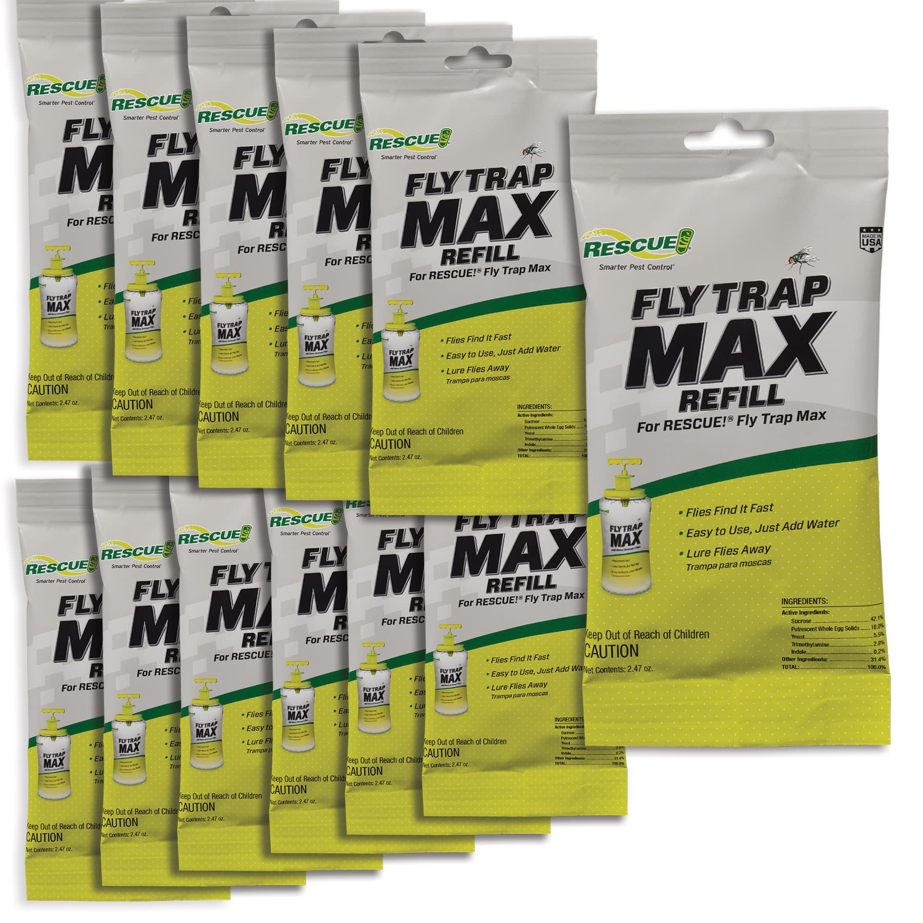 RESCUE! Fly Trap Max Refill – Large Reusable Outdoor Fly Trap (Refill Only) - 12 Pack