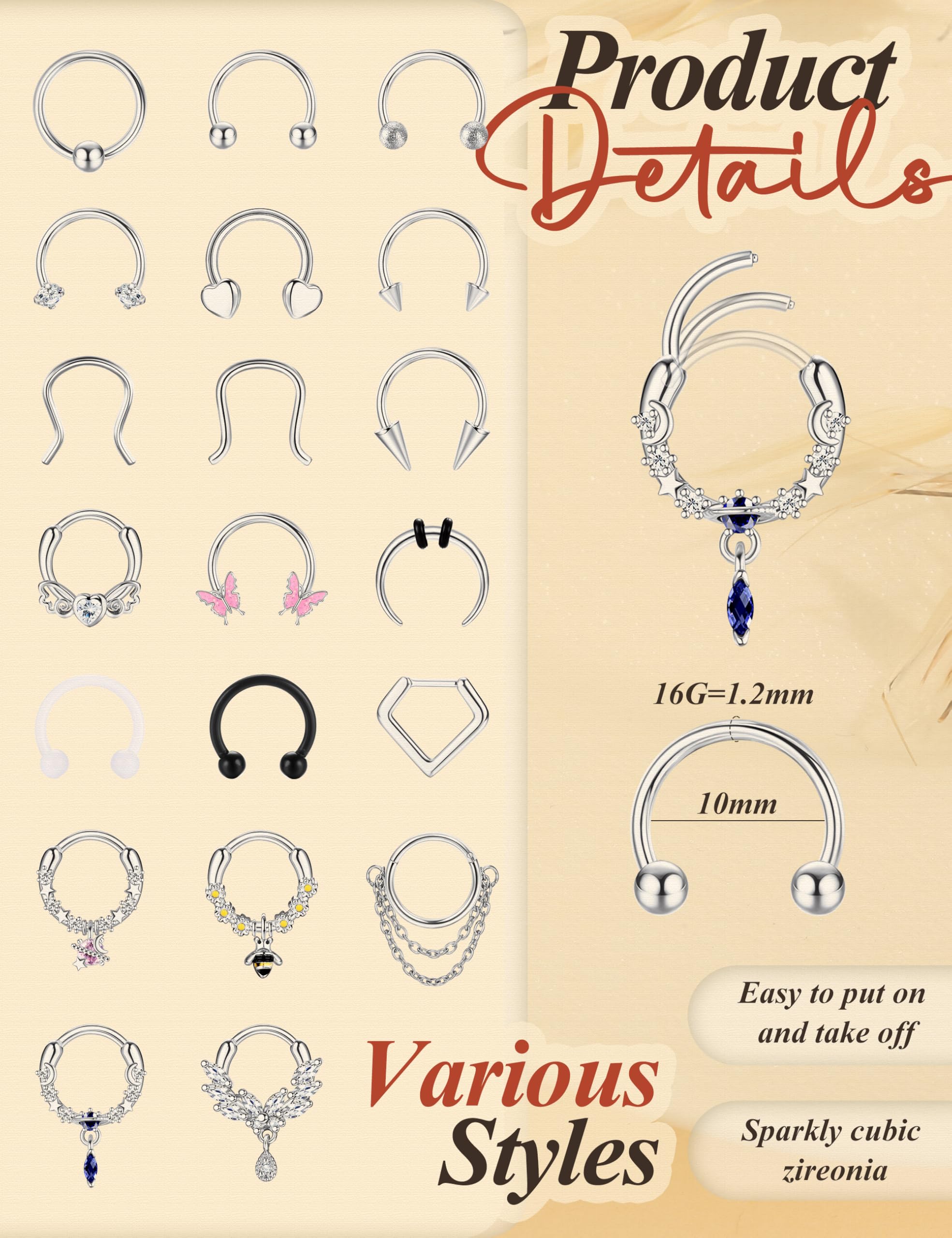 ADRAMATA 20 PCS 16G Septum Piercing Acciaio Chirurgico Piercing Naso Cerchio Naso Anelli Cerchio Set CZ Nostril Piercing Trago Cartilagine Helix Piercing Orecchino Piercing Septum Gioielli