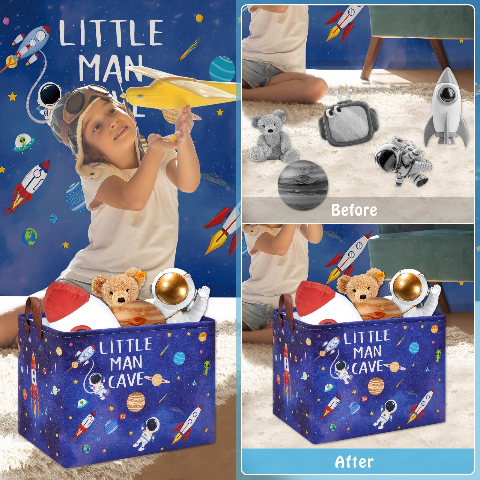 Cesta de lavandería con cohetes de astronauta, cesta de almacenamiento espacial con citas inspiradoras, caja de juguetes para decoración de habitación de niños, caja de juguetes rectangular para 2