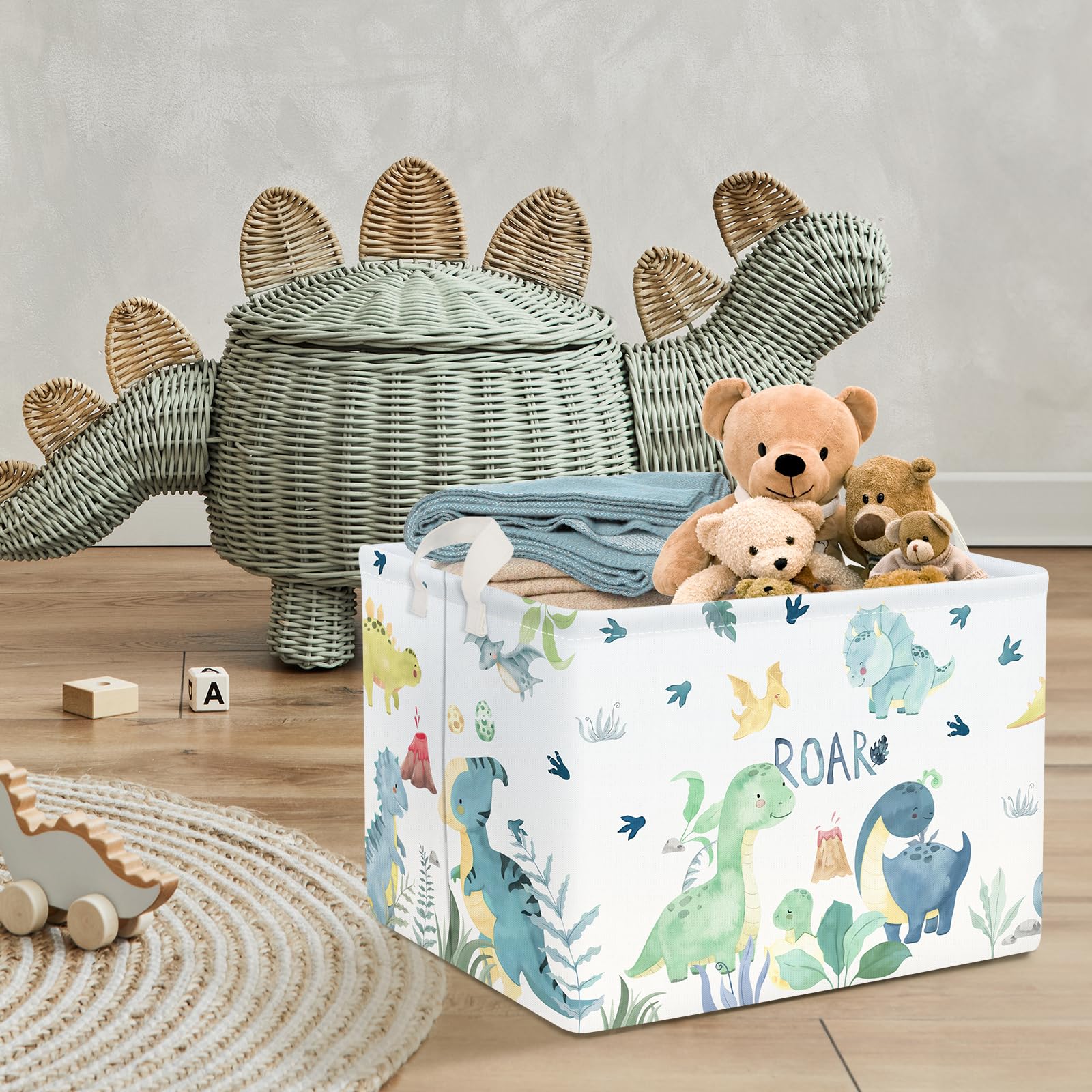 Clastyle Cajas de Almacenaje Verde Dinosaurio Volcán Hoja de Palma Cesta para Guardar Ropa Juguetes Libro Rectangular para Habitación Infantil, 40x30x30 cm