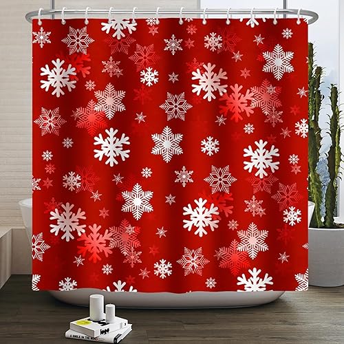 Miniatura 7 de Cortina de ducha con copos de nieve, cortinas de ducha rojas de Navidad, juego de cortinas de ducha para baño, 72 x 72 pulgadas con 12 ganchos
