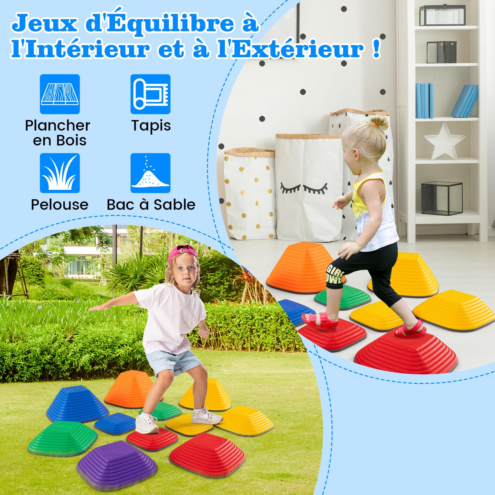 COSTWAY Pierres d'équilibre Empilables Enfant Bord TPE, Parcours Motricité Motif Antidérapant, Jouet Sensoriel Intérieur Extérieur, Charge 80kg 3 Ans+