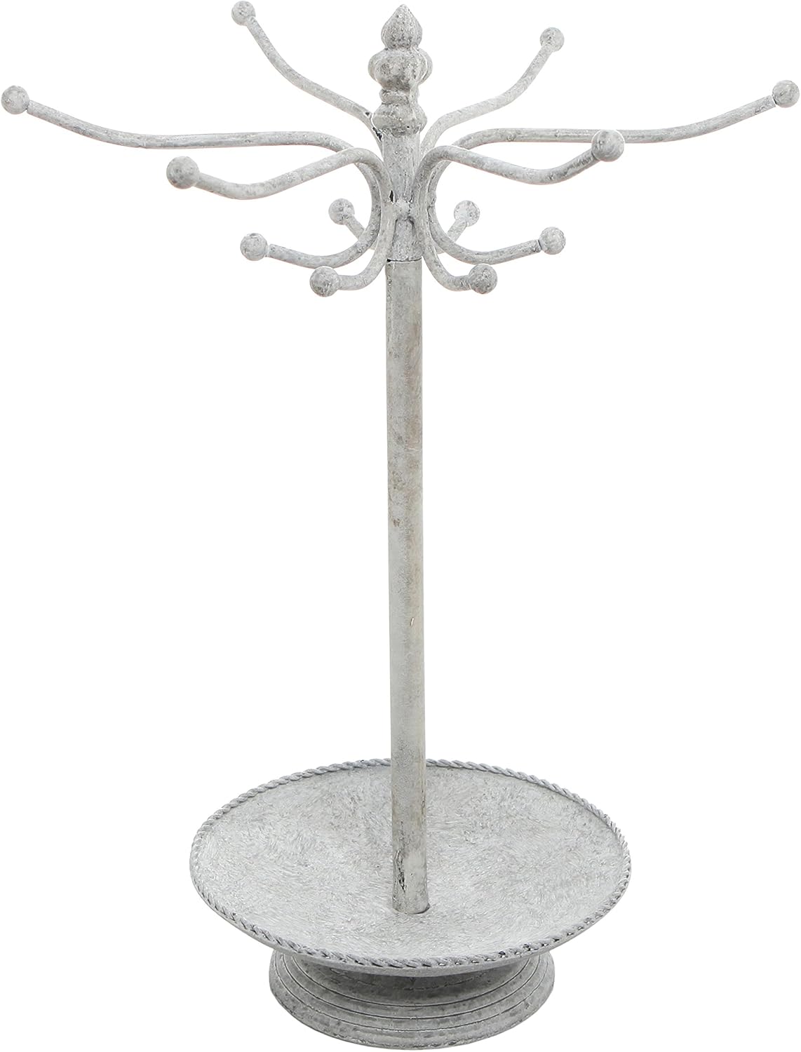 MyGift Vintage White Metal Necklace and Bracelet Organizer Jewelry Stand with 12 Hooks and Ring Dish Tray, Multipurpose Accessory and Keychain Holder Display Rack - Image 4