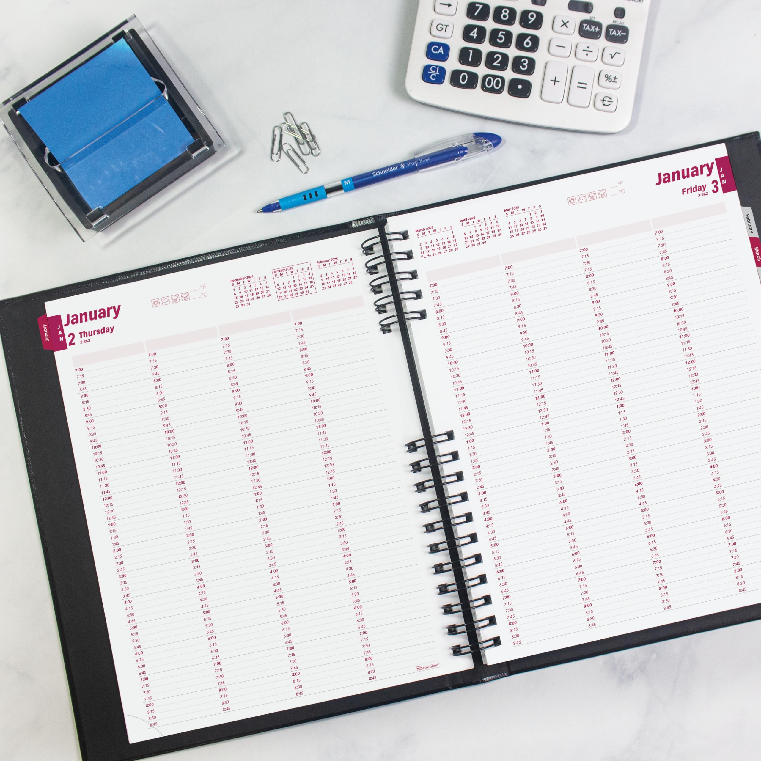 Brownline® CoilPro™ - Agenda diaria profesional 2025, libro de citas para cuatro personas, 12 meses, enero a diciembre, encuadernación de doble alambre, 11 x 8.5 pulgadas, negro (CB960C.BLK-25)