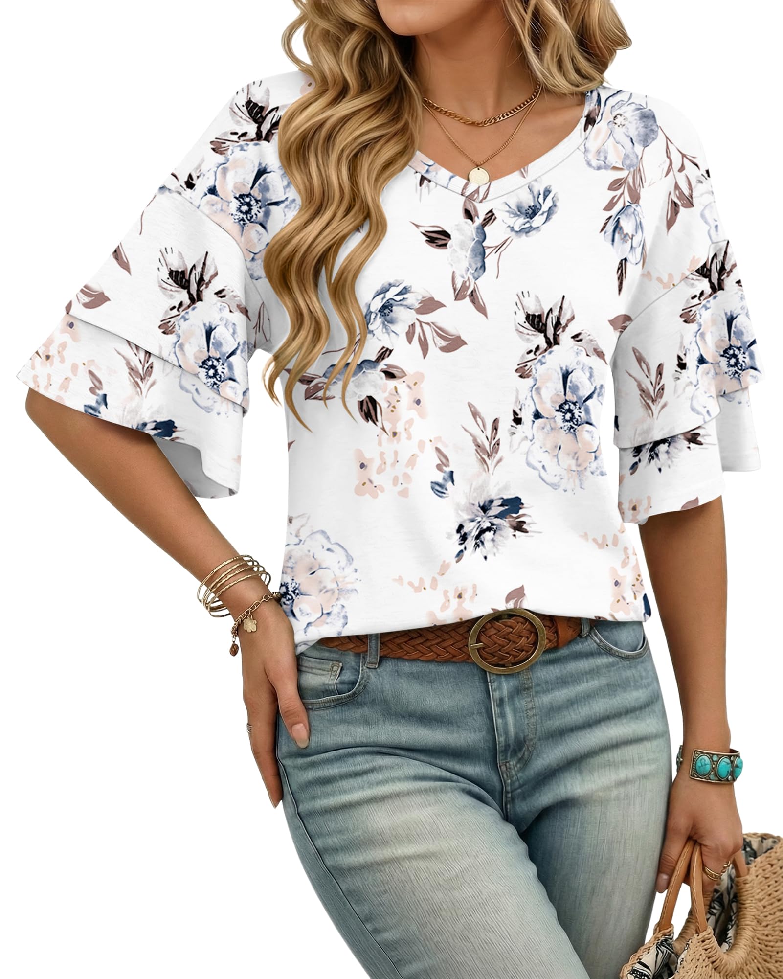 WNEEDU Bluse Damen Sommer T-Shirt 3/4 Arm Tunika Sommer Bluse Shirt V Ausschnitt Kurzarm Lässig Locker Oberteile Top mit Rüschenärmeln
