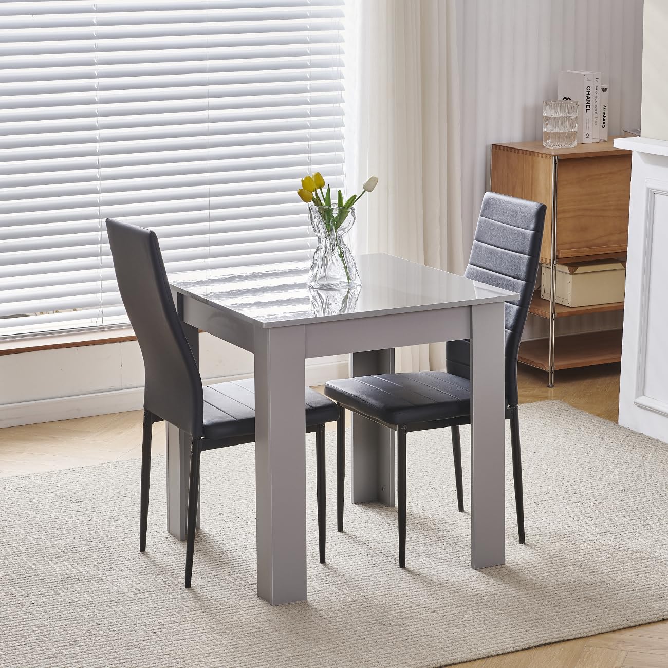 Homullel 75x75 cm Small Dining Table and 2 Chairs, 2 Seater Table and Chairs Set Kitchen Dining Room Set for 2, Compact, Space Saving, Wooden, Glossing Tabletop Grey (2 Seats, Faux Leather Black #1) โ image 1