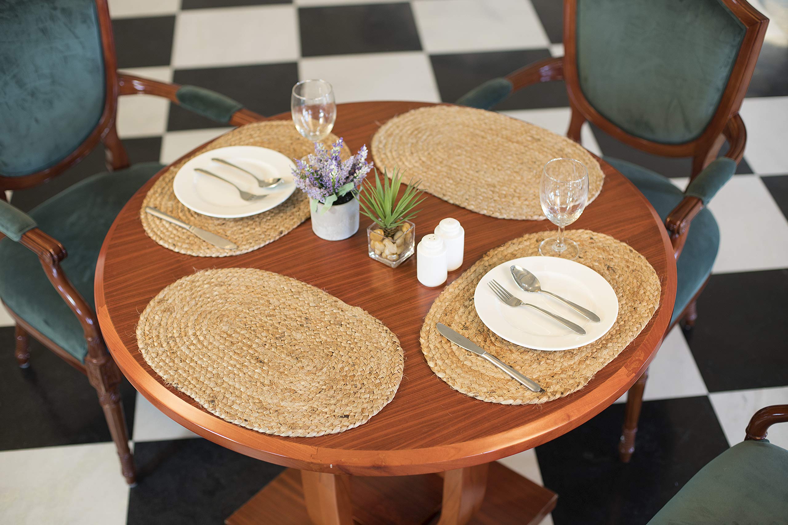 Madhu International Natural Jute placements for Dining Table, Washable, Oval Shaped, Farmhouse Vintage Jute Braided Table Mat for Home, Kitchen, & Restaurants – 12 X 18 Inches - Set of 4