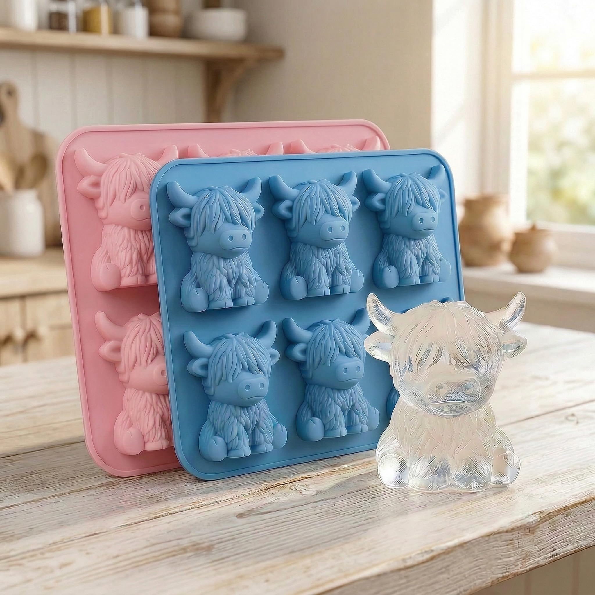 2 Pack Highland Cow Ice Cube Tray Blue & Pink, Mini Silicone Ice Cube Mold for Whisky Drinks, Cute Funny Ice Molds, Highland Cow Gifts for Men Women (2 Pack (Blue+Pink))