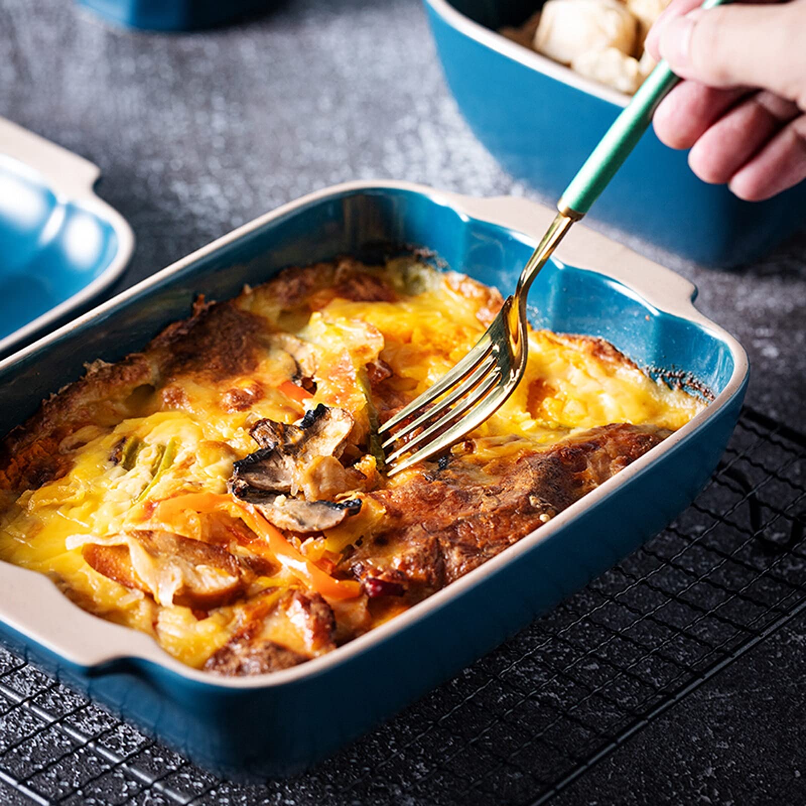 Fuente para Hornear Casserole rectangular Pan para hornear Pan Multi Baker plato, plato para hornear con asa, plato de cazuela de cerámica, Pan de lasaña para cenar y banquete, azul Bandejas Horno