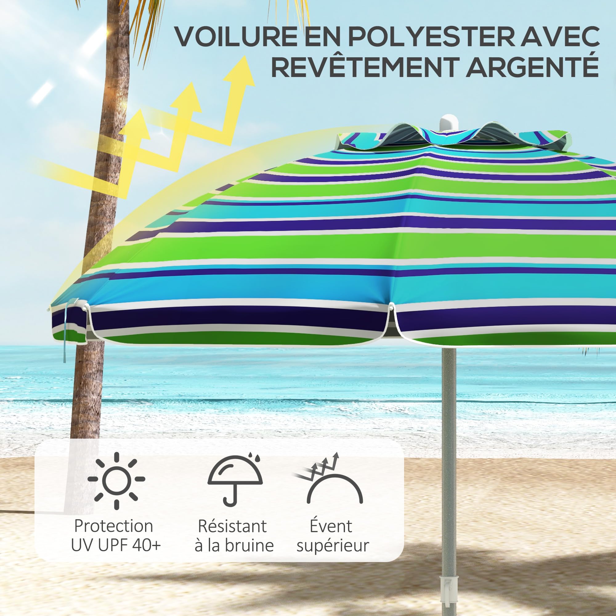 Outsunny Parasol de plage parasol inclinable rond parasol d'extérieur hauteur réglable protection UV40 sac de transport inclus alu. polyester multicolore