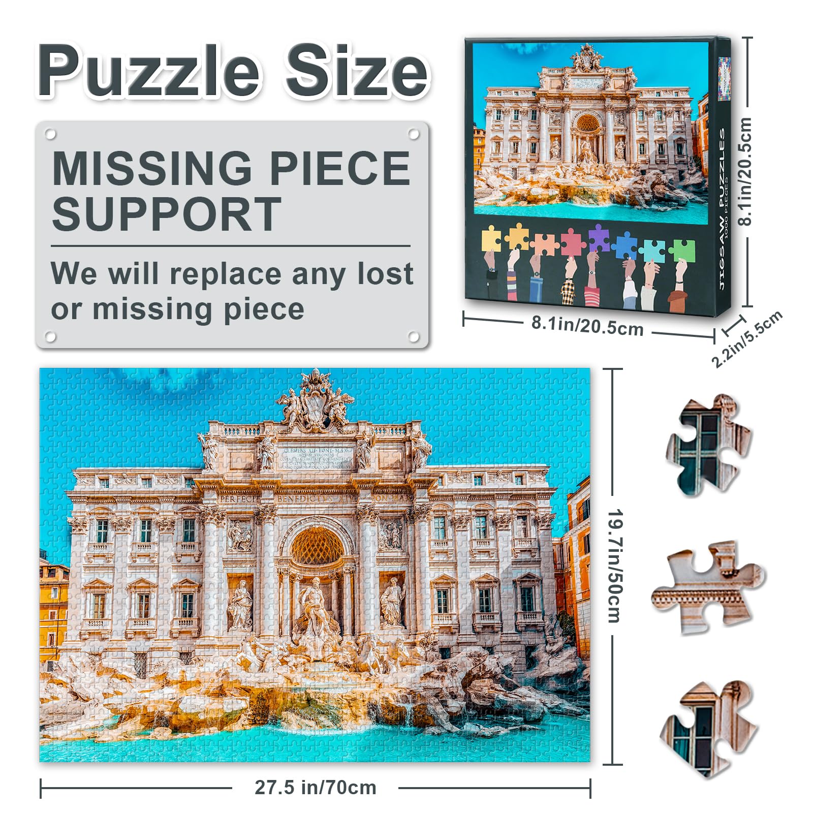 1000 Piece Jigsaw Puzzle - Rome Trevi Fountain Fontana Di-Trevi Italy, 50x70cm Complex Artwork Parlour Games, Vintage Art Jigsaw Puzzles, Family Challenge Night - Image 3