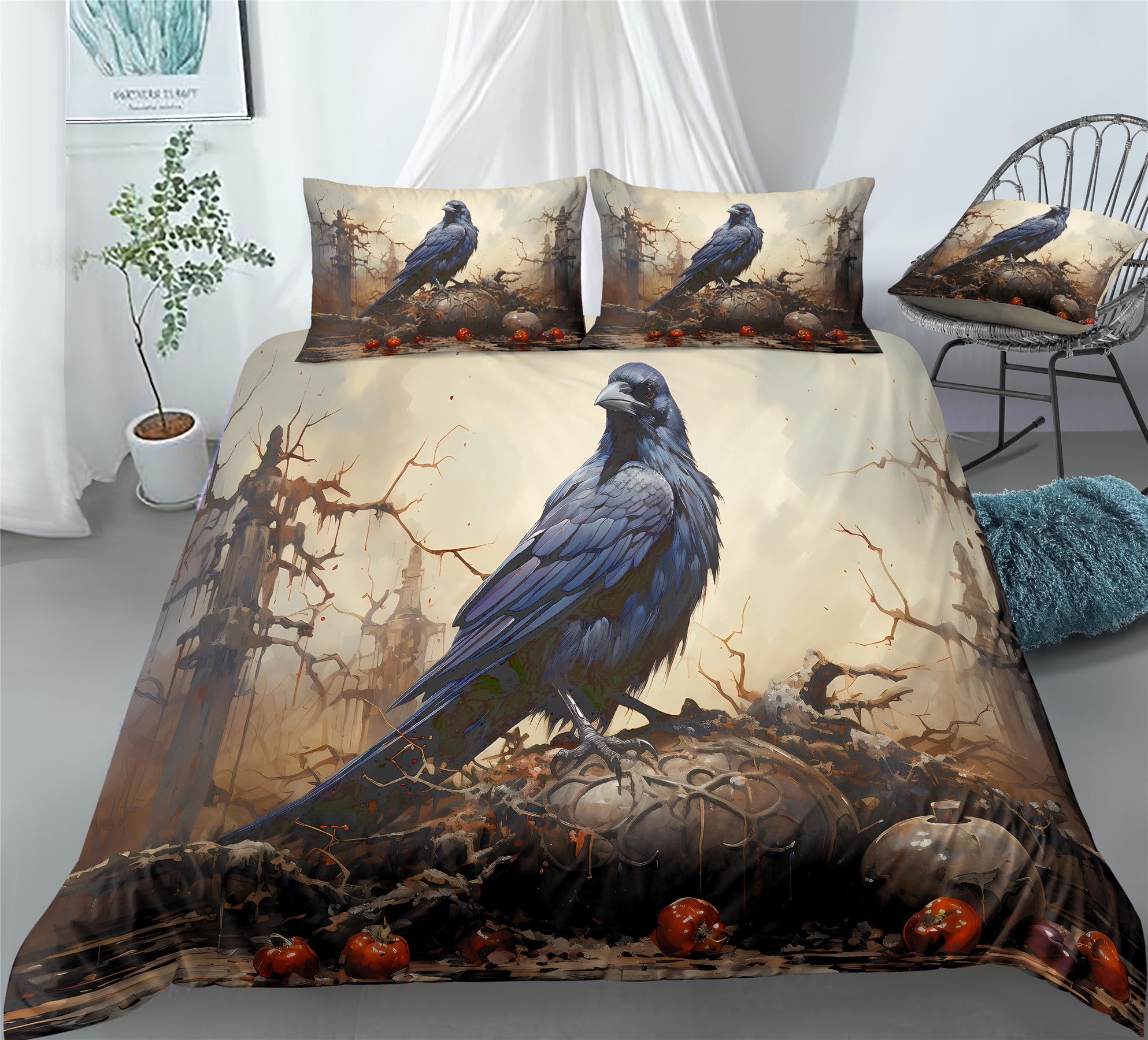 REALIN Black Night Raven Themed Duvet Cover Set Cute Raven Pattern Gothic Raven Bedding Bed Sets 3/4PCS Quilt Covers/Sheets/Pillow Shams,Single/Double/King Size (A,Super King-220×260cm-4PCS)